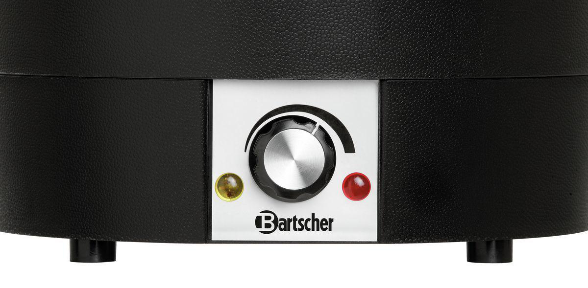 Nahaufnahme eines schwarzen Bedienfelds mit einem Knopf, Kontrollleuchten und dem Logo 'Bartscher'.