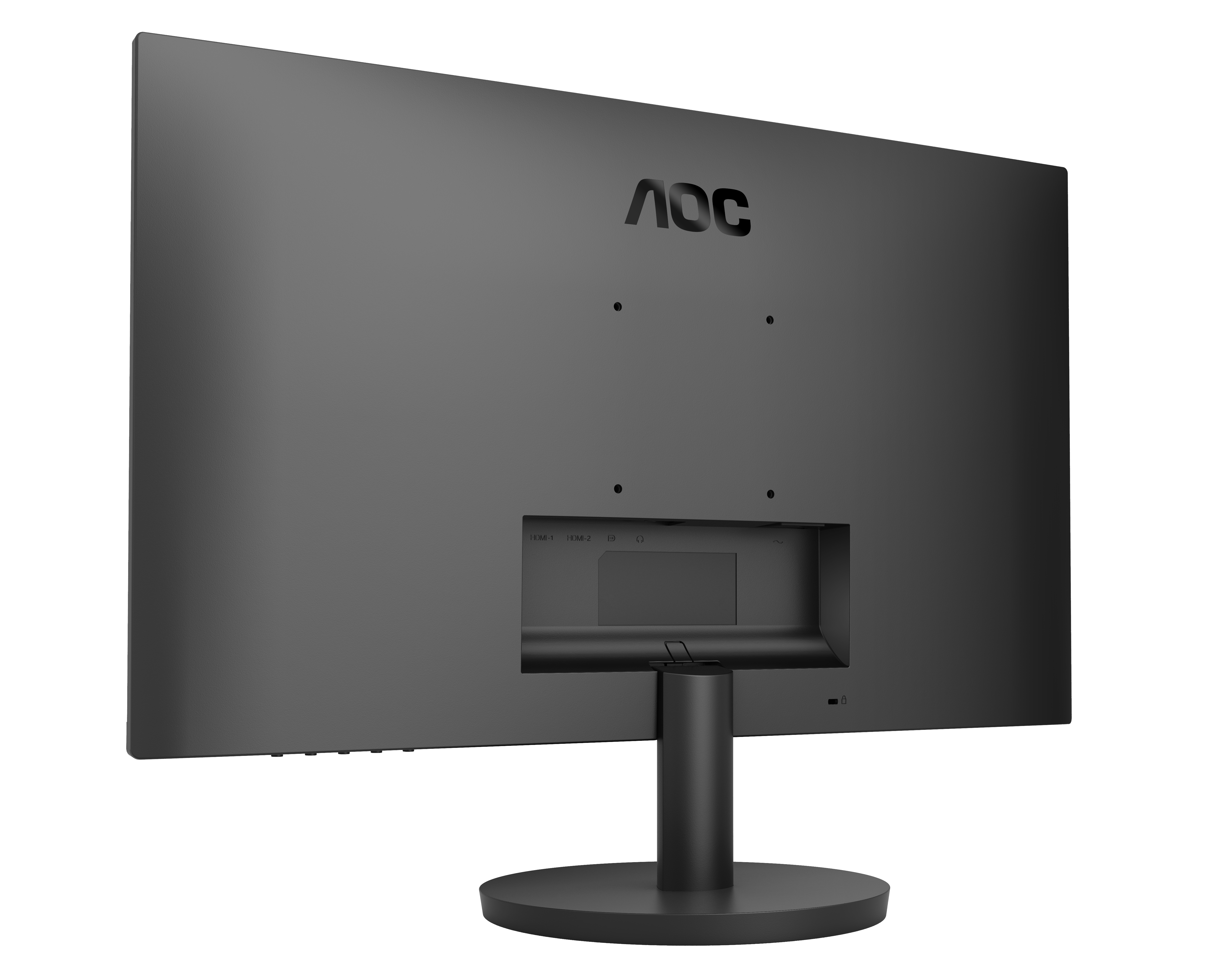 Egy fekete AOC monitor hátulja látható. Portok láthatók. A monitor fekete állványon van.