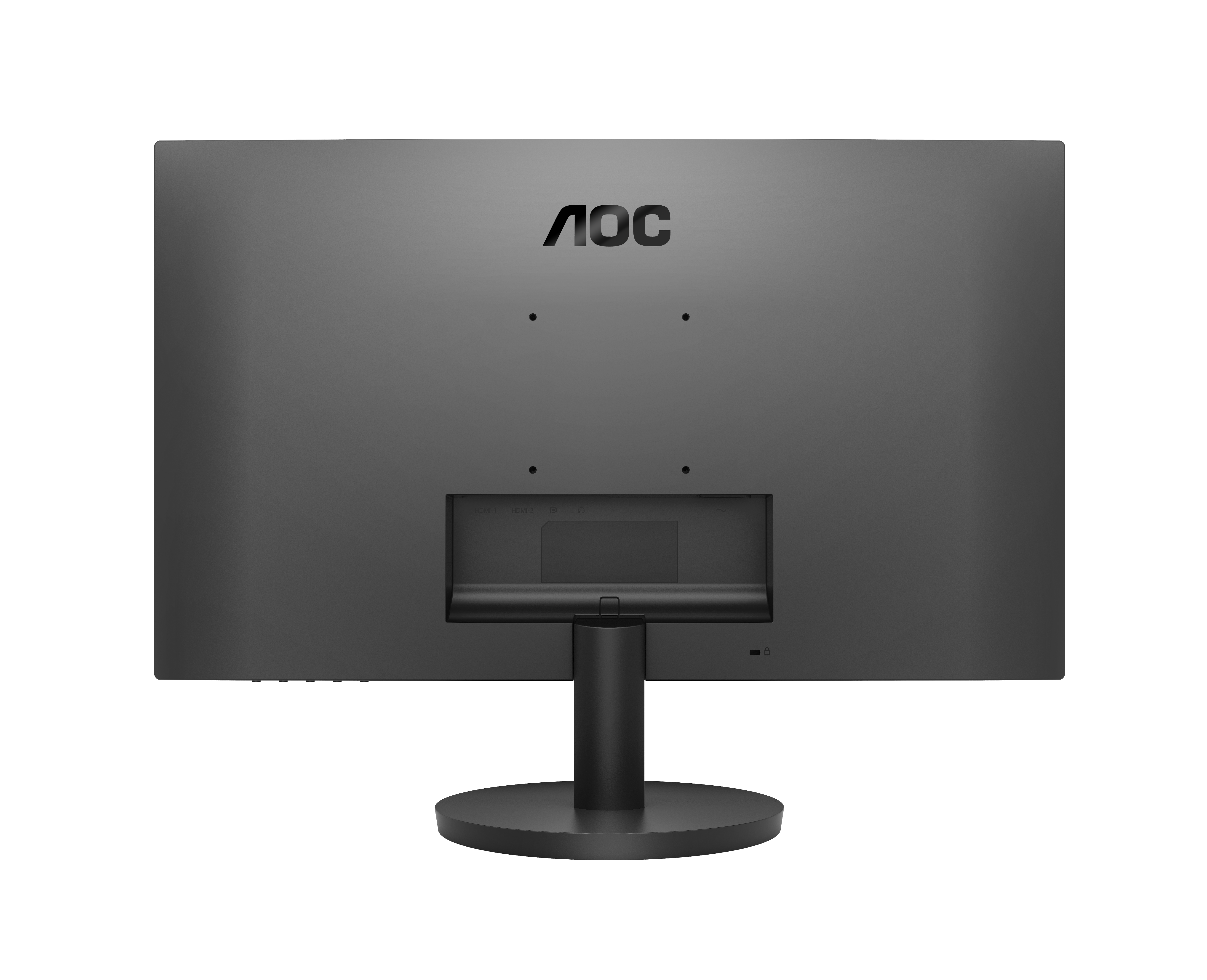 Egy szürke AOC monitor hátulja, AOC logóval. Van egy állványa és fekete háttér.