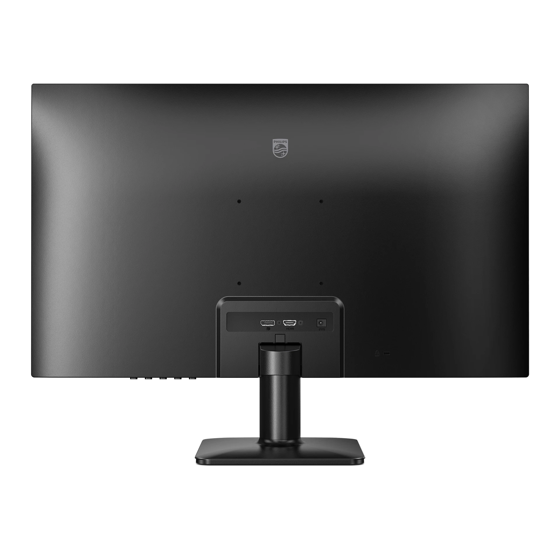 Egy fekete Philips monitor hátulja. HDMI, táp és egyéb bemeneti portok. A tartó fekete.