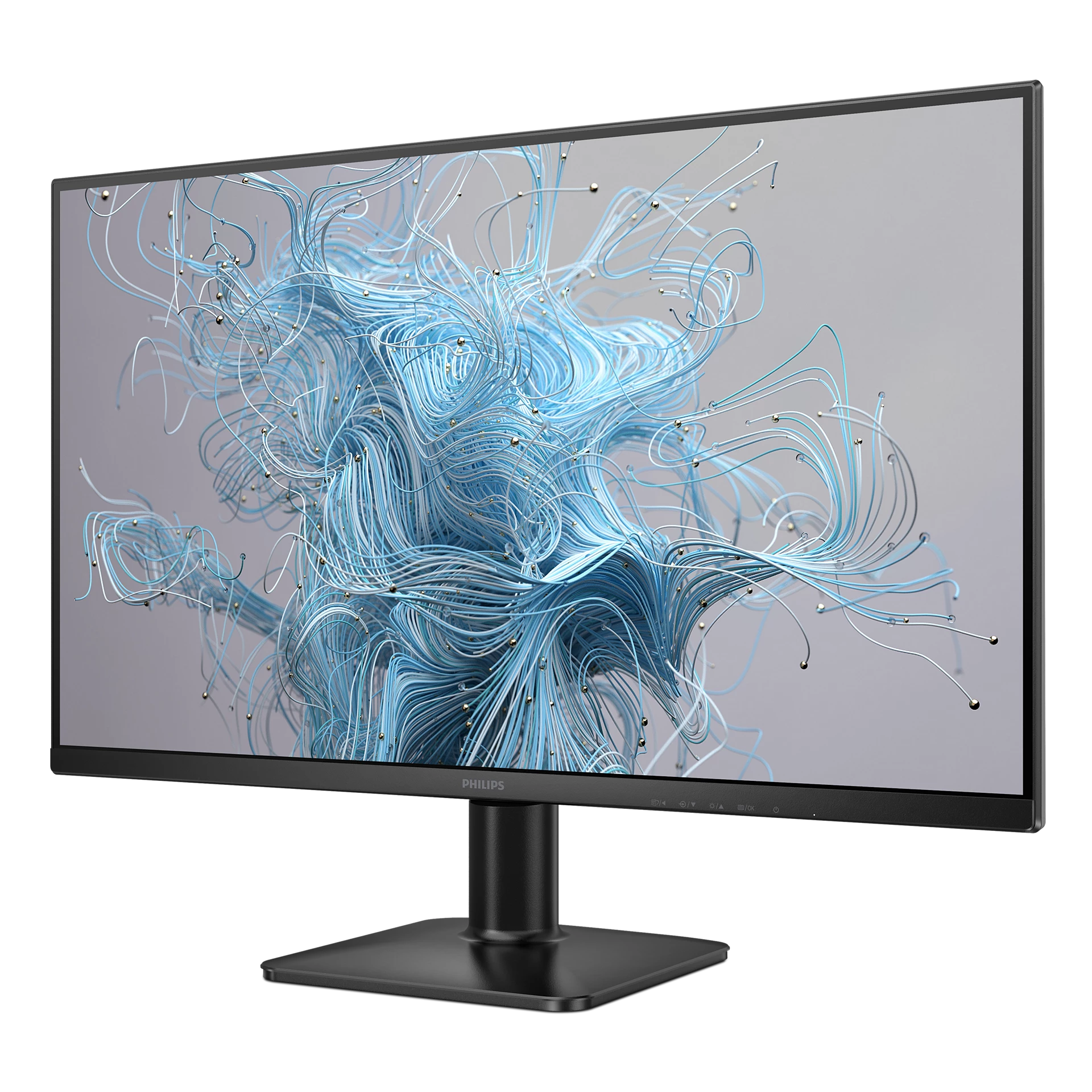Egy fekete Philips monitor kék és fehér vonalakat jelenít meg szürke háttéren, fekete állvánnyal, feketén.