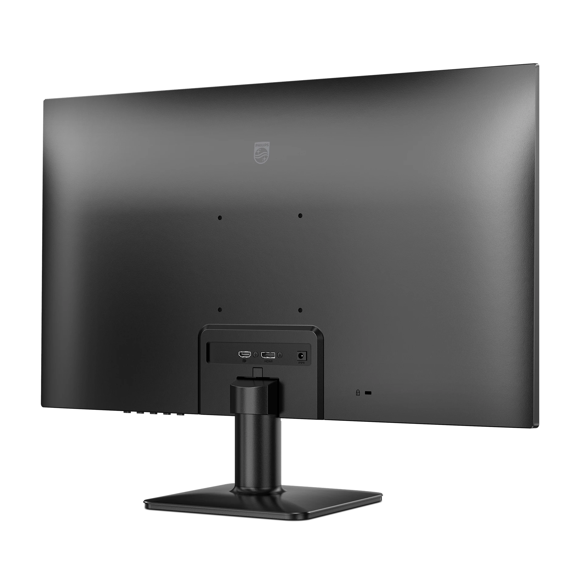 Egy fekete Philips monitor hátulja látható. Portok: HDMI, tápellátás, DisplayPort. Az állvány is fekete.