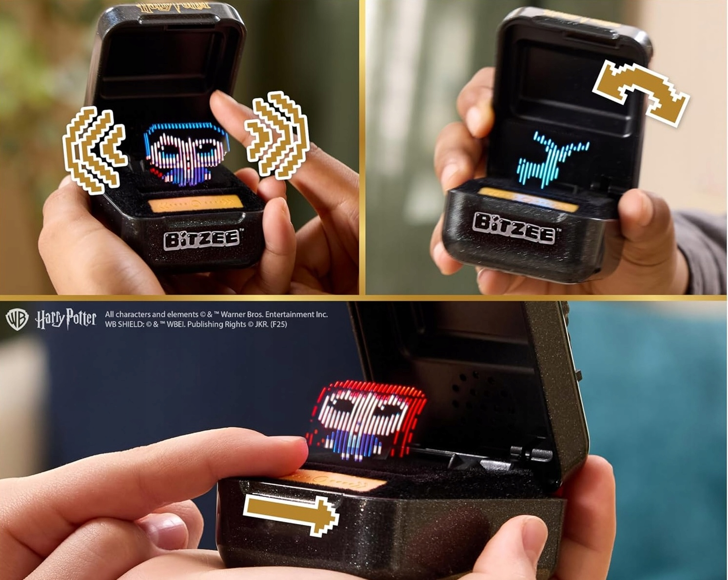 Ręce trzymające zabawkę Bitzee. Pudełko z zabawką otwiera się, ukazując pikselowane obrazy. Lewy górny obrazek przedstawia postać z efektami dźwiękowymi.