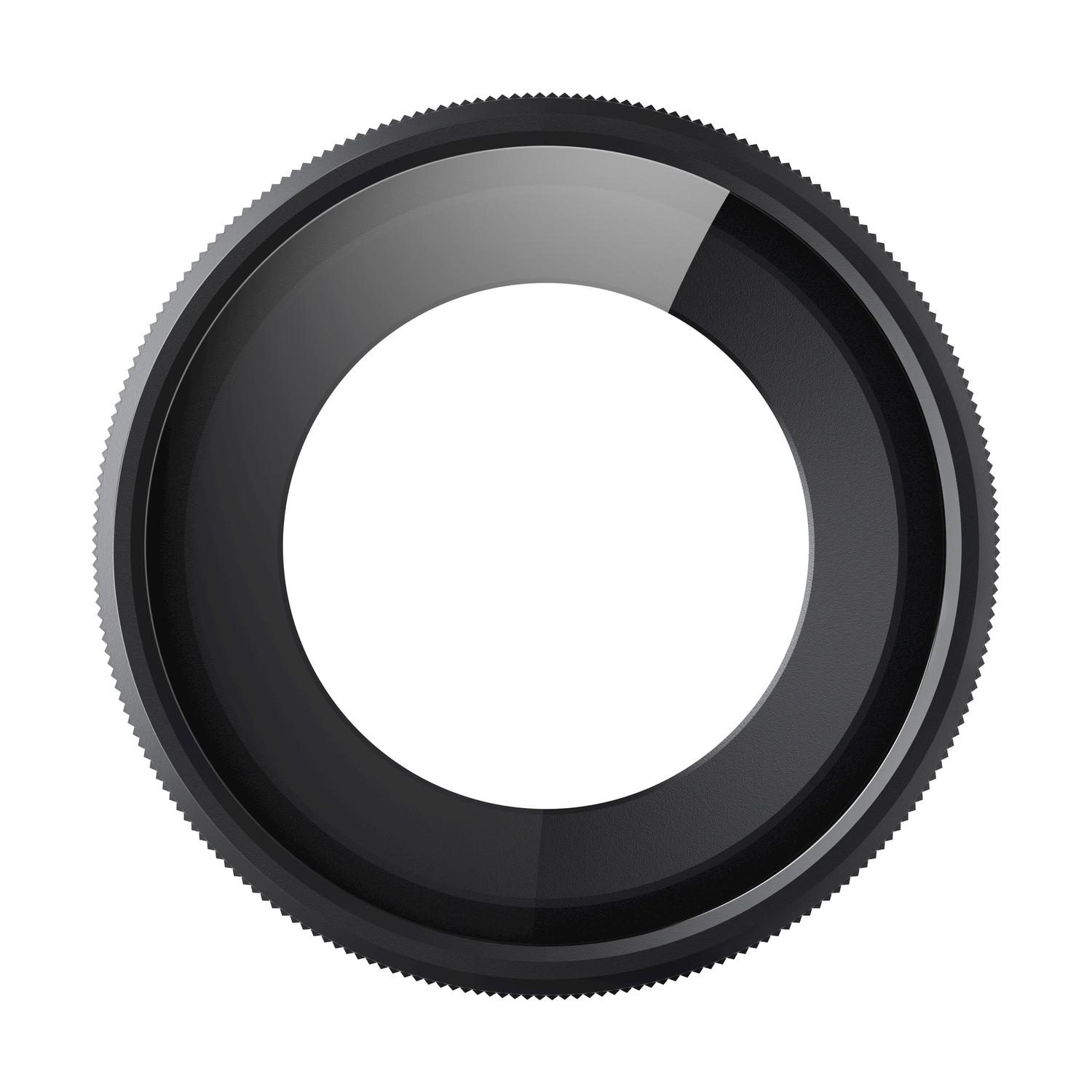 Un oggetto circolare nero con bordo esterno seghettato e anello interno liscio. Una sezione è grigio chiaro.
