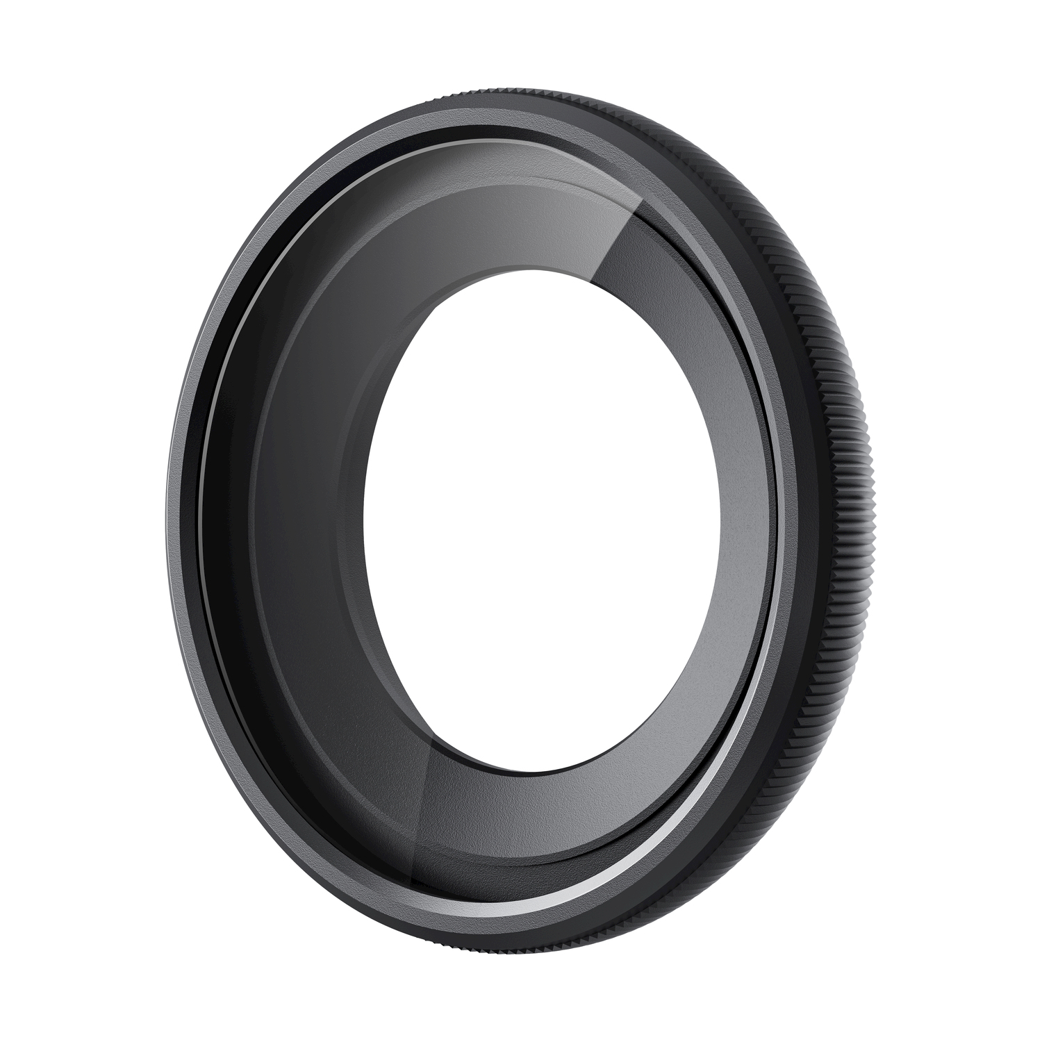 Un filtro per lenti circolare nero è centrato su uno sfondo bianco. Il filtro ha un anello esterno a coste e un anello interno trasparente.