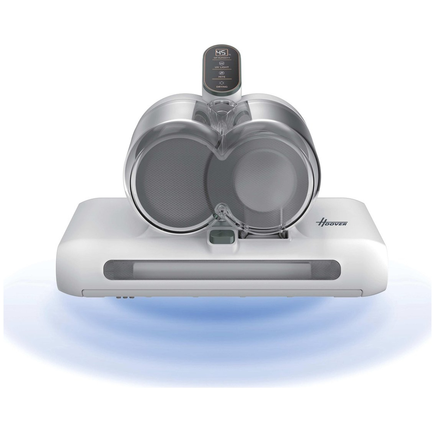A white Hoover vacuum cleaner. It has a digital display and two transparent dust containers. The base has a blue light effect.