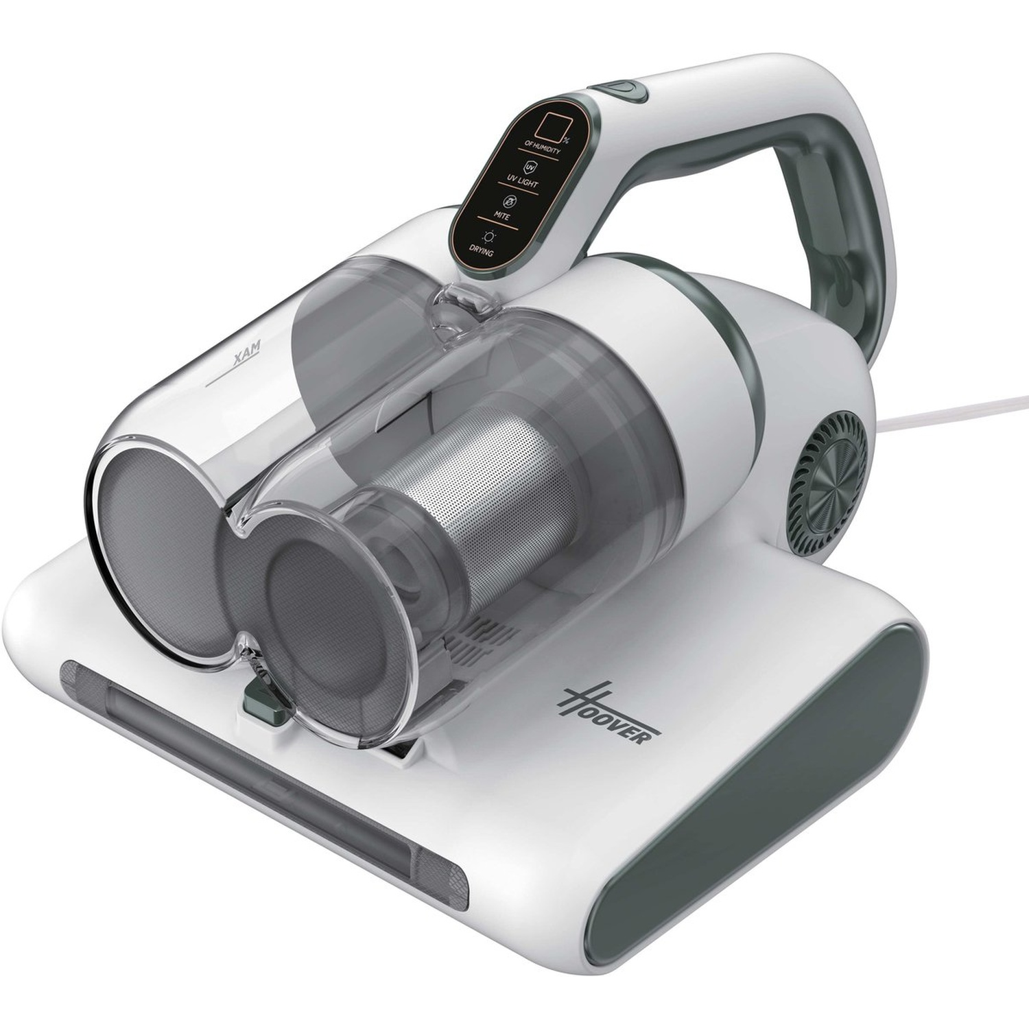 A white and grey Hoover vacuum cleaner. It has a handle, a transparent dust container, and several buttons. The base is also white and grey.