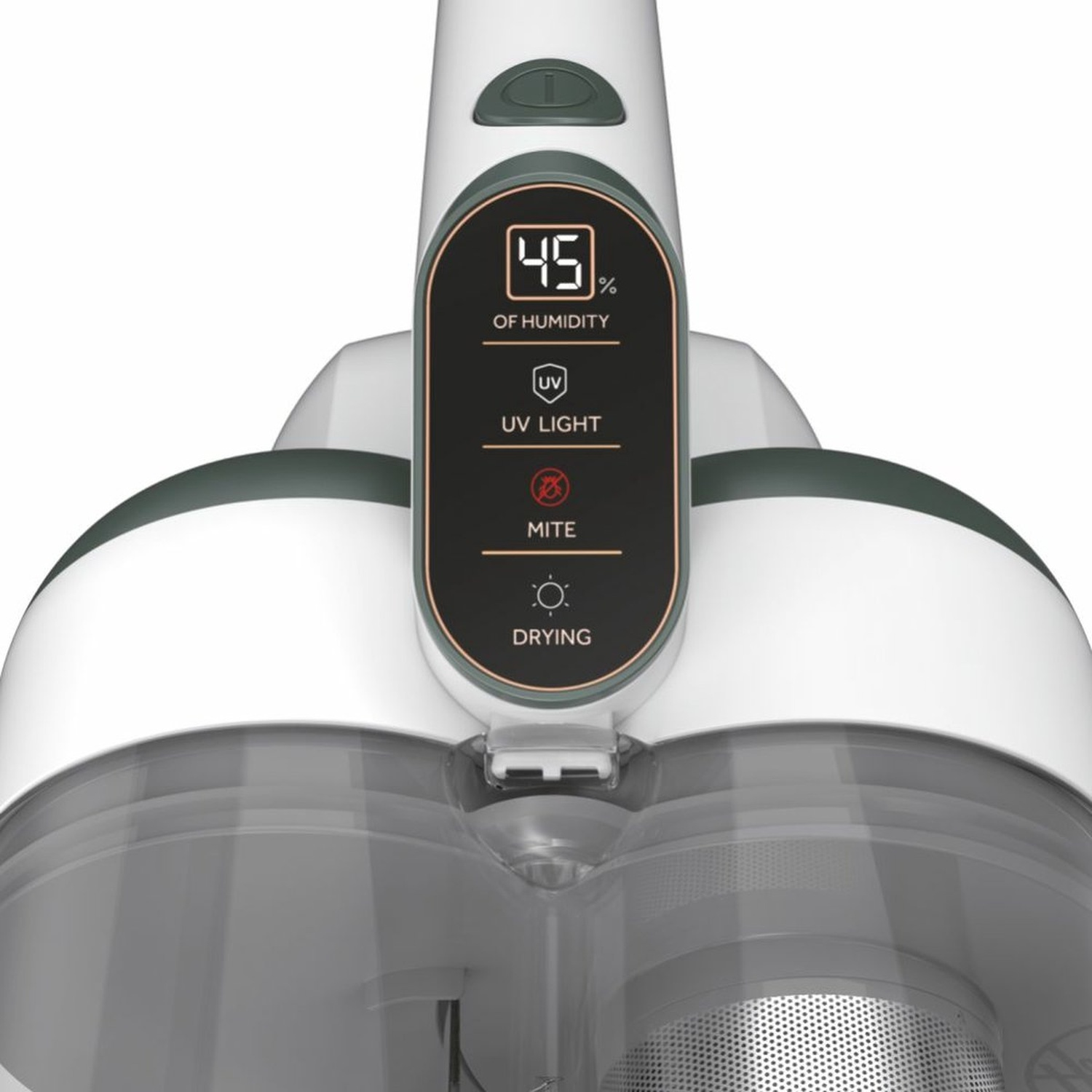 Close-up of a white and green device with a digital display showing humidity, UV light, mite, and drying options.