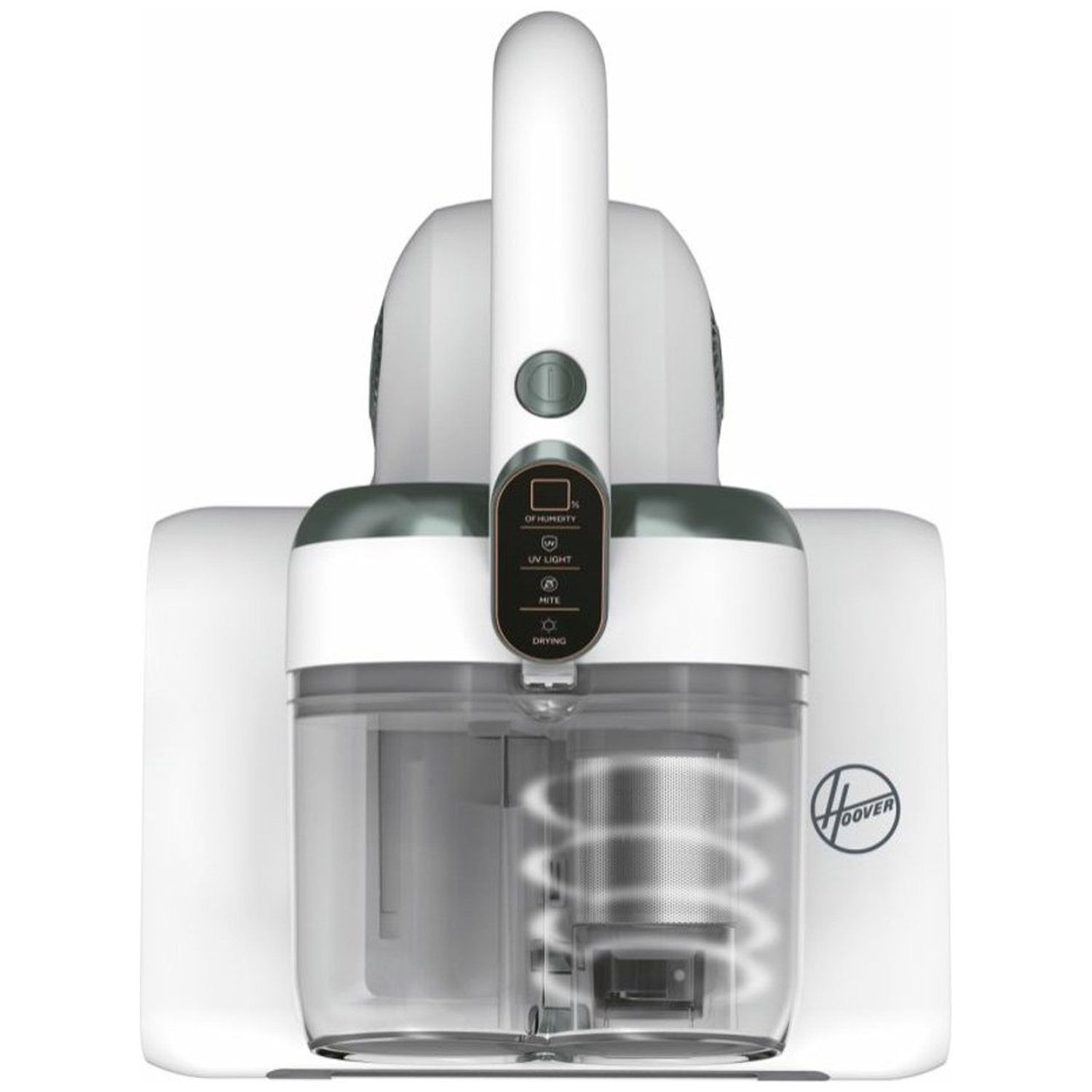 A white and gray Hoover vacuum cleaner. It has a handle, a clear dust cup, and various function buttons.