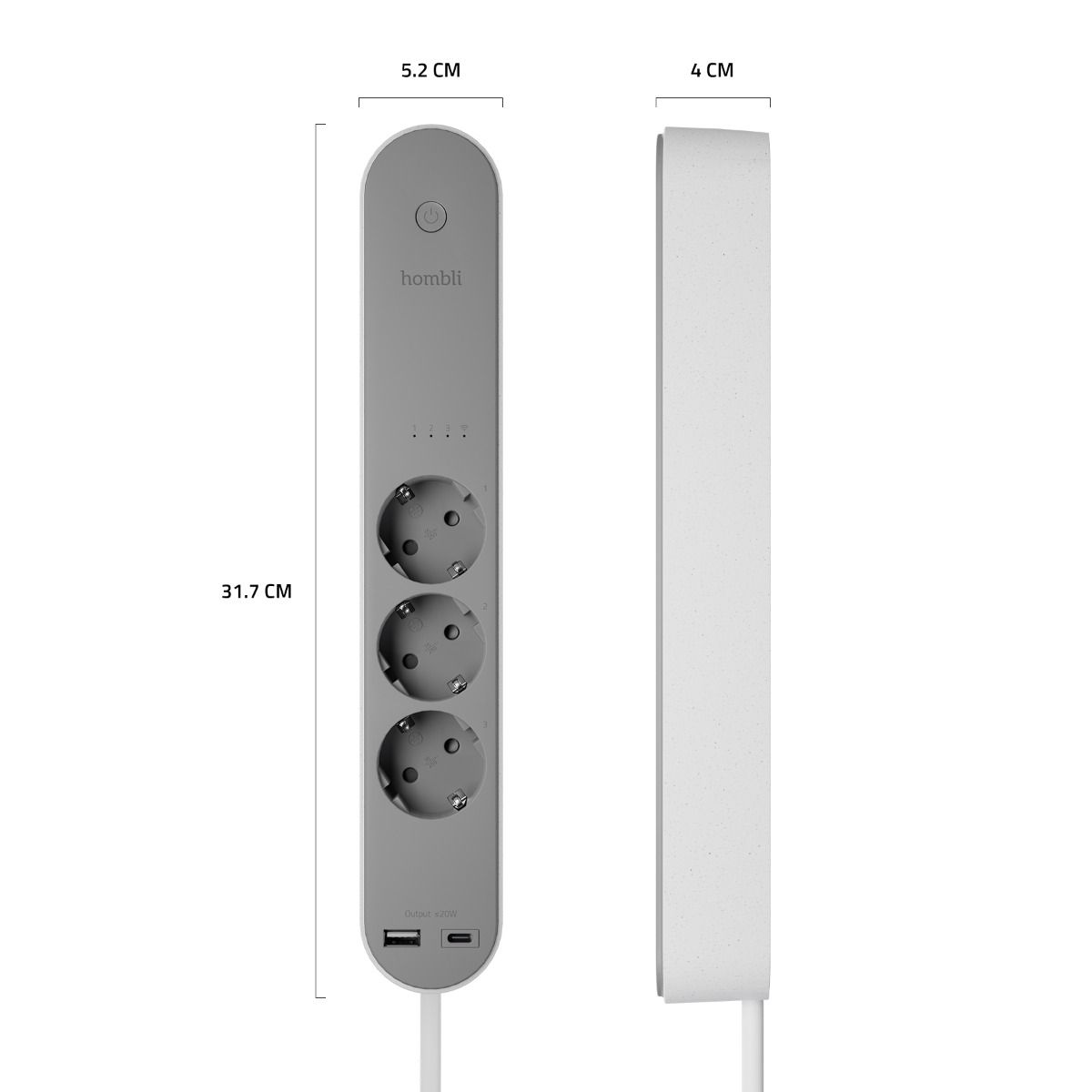 Ein grauer Homblie-Steckerleiste mit drei Steckdosen, zwei USB-Anschlüssen und einem Ein-/Ausschalter. Abmessungen: 31,7 cm x 5,2 cm. Eine weiße Seitenansicht ist ebenfalls dargestellt.