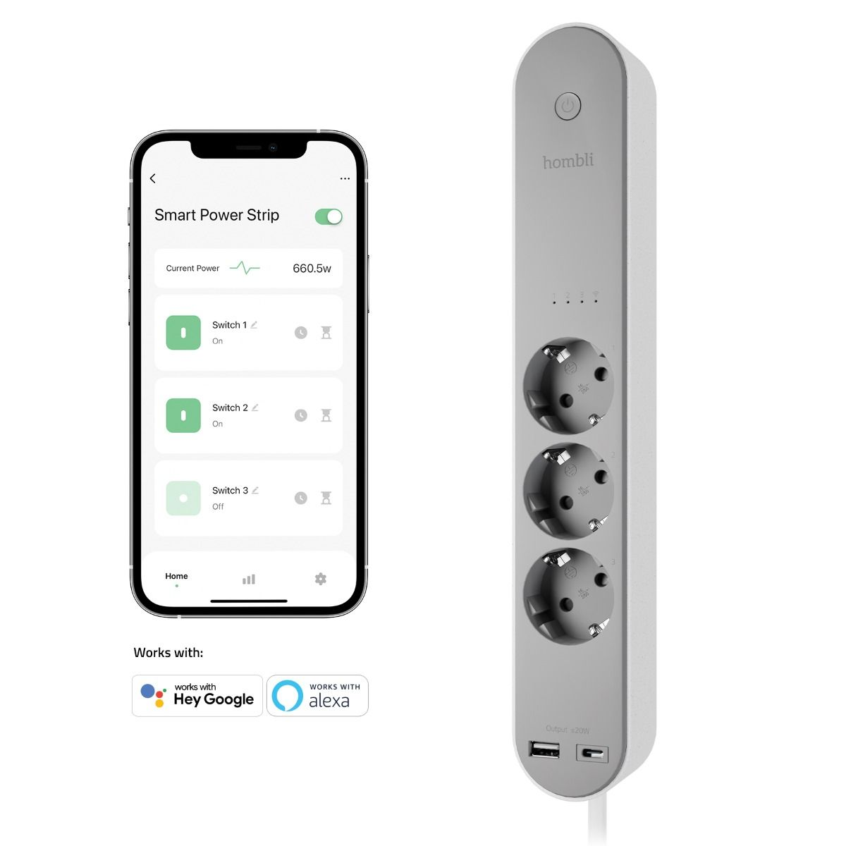 Eine intelligente Steckdosenleiste mit Telefon, das die App-Oberfläche zeigt. Der Stecker hat Steckdosen und USB-Anschlüsse. Funktioniert mit Hey Google & Alexa.