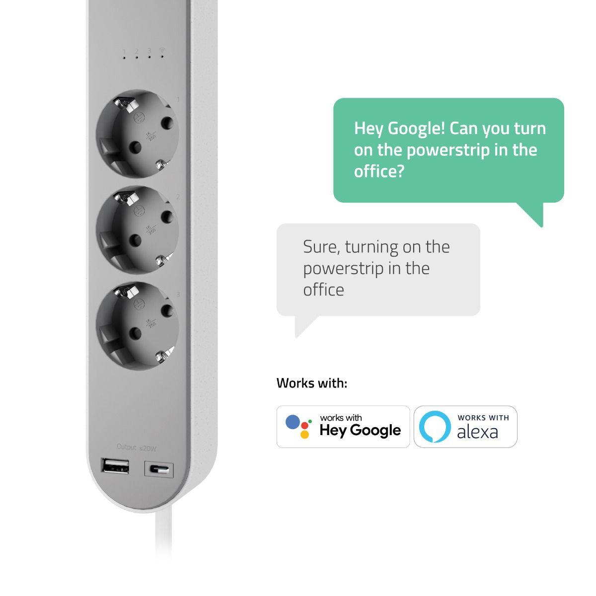 Graue Steckdosenleiste mit drei Steckdosen, zwei USB-Anschlüssen und einem Kabel. Sprechblasen diskutieren Smart-Home-Steuerung.
