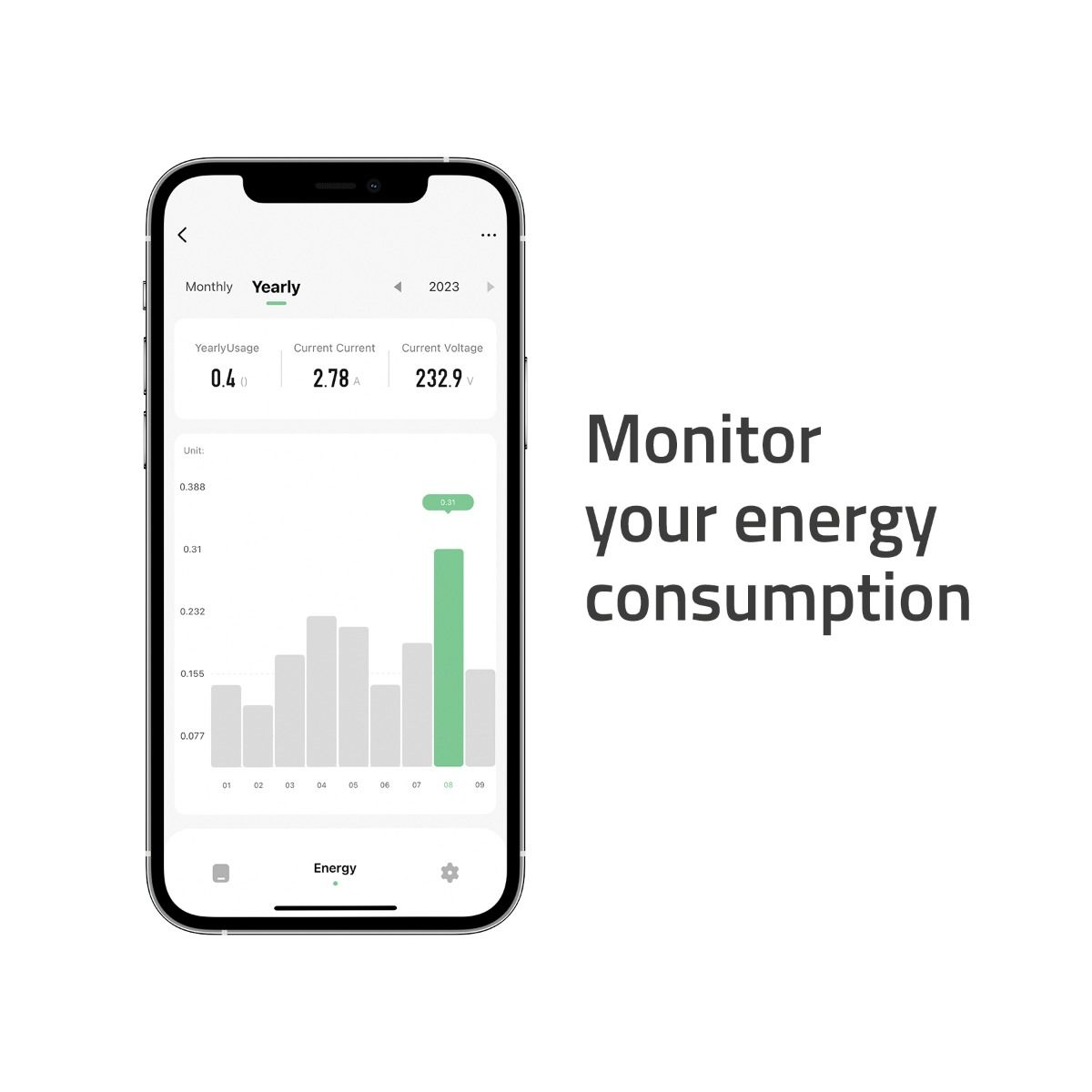 Ein Smartphone zeigt eine Energieverbrauchs-App mit einem Balkendiagramm und numerischen Daten. Text: Überwachen Sie Ihren Energieverbrauch.