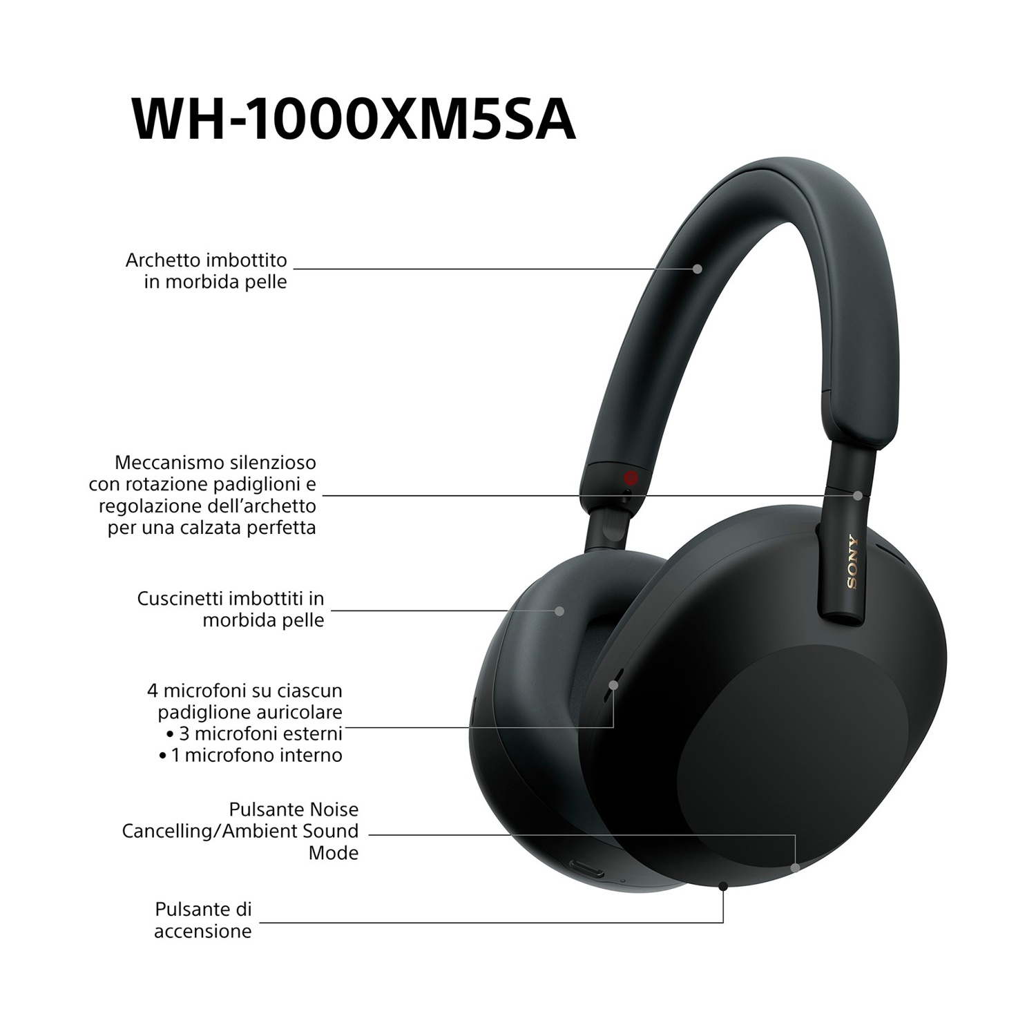 Cuffie Sony WH-1000XM5SA nere. Caratteristiche: cuscinetti imbottiti, cancellazione del rumore e più microfoni. L'archetto è imbottito.