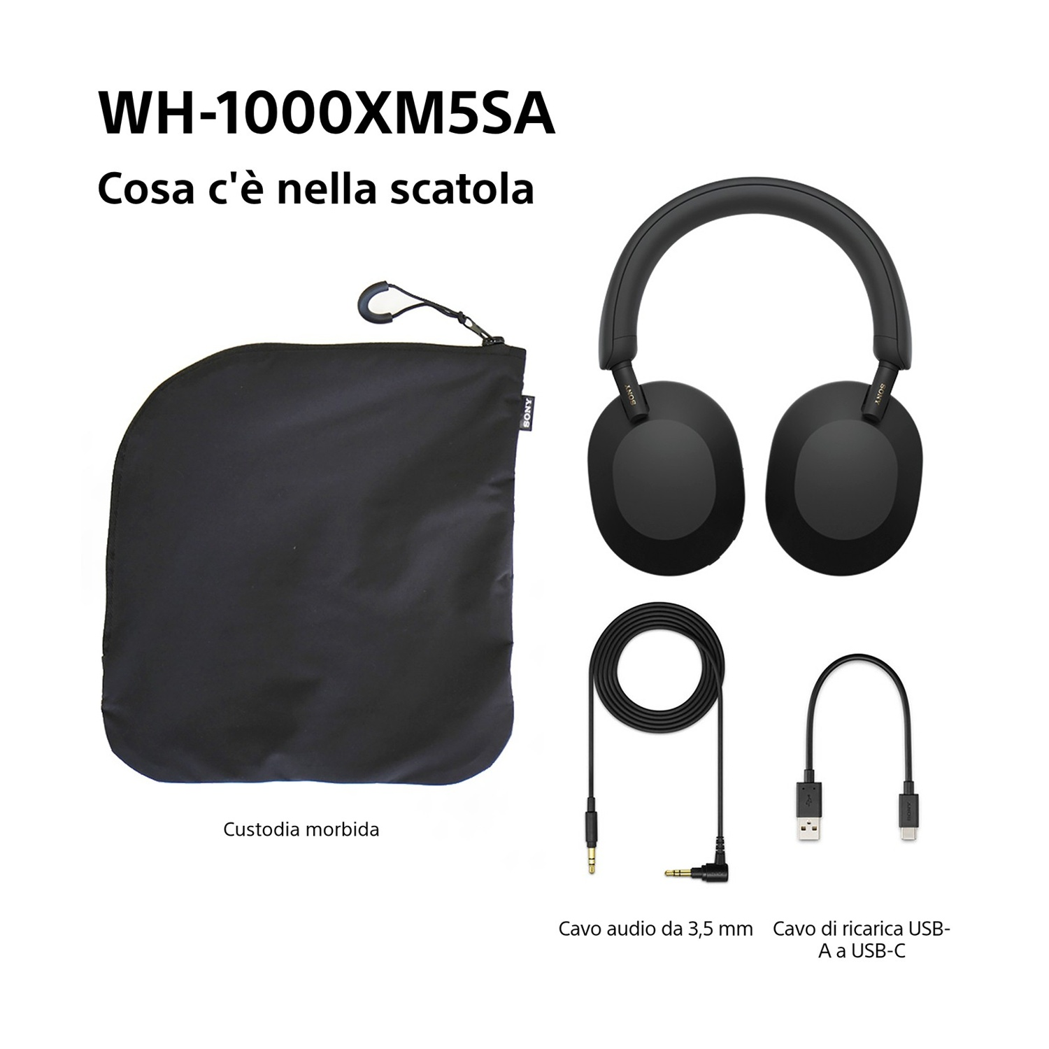 L'immagine mostra cuffie nere, una custodia, un cavo audio da 3,5 mm e un cavo di ricarica da USB-A a USB-C.