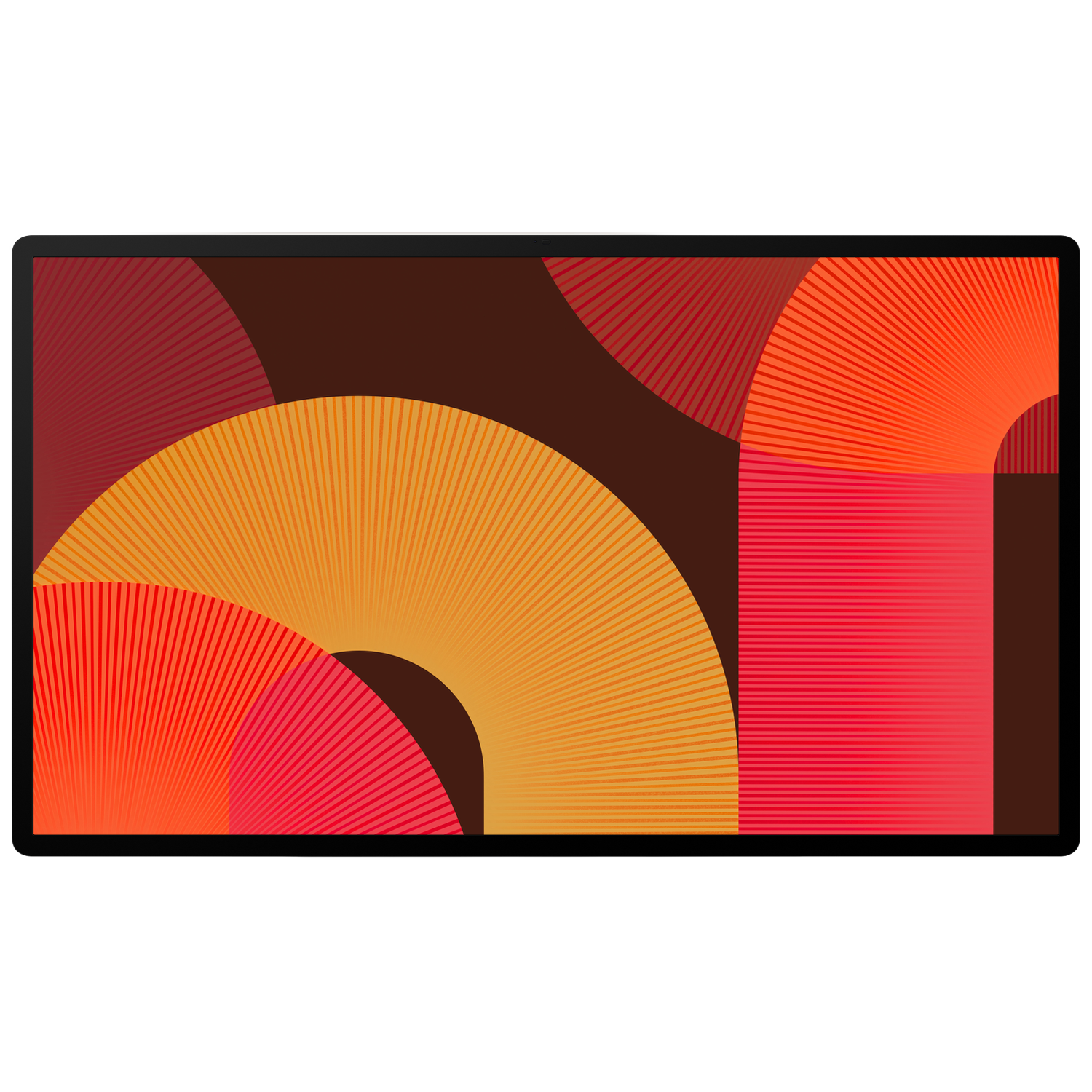 Abstract art: a rectangular image with fan-shaped orange, red, and brown elements on a dark brown background, framed in black.