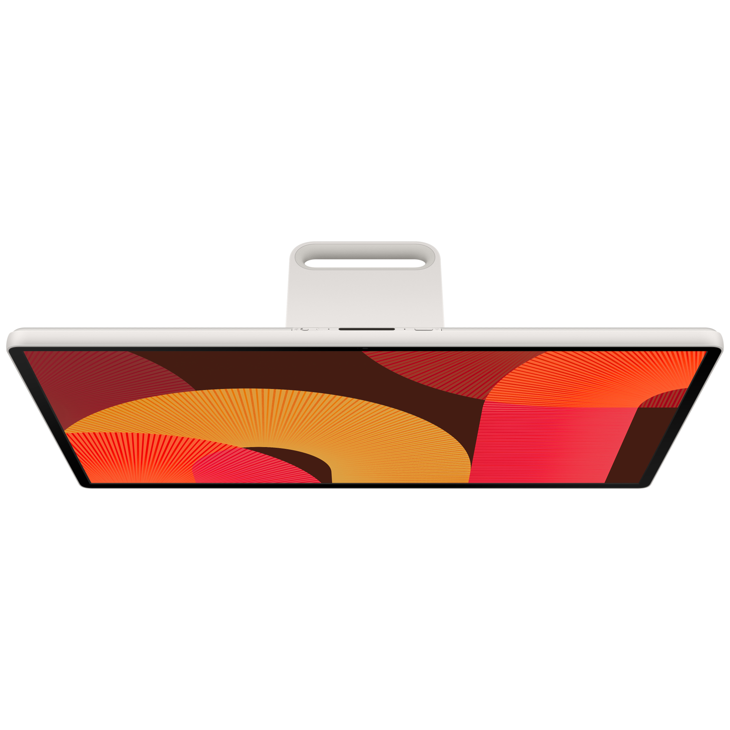 A white computer monitor with a handle. The screen displays a colorful abstract pattern in red, orange, and brown hues.