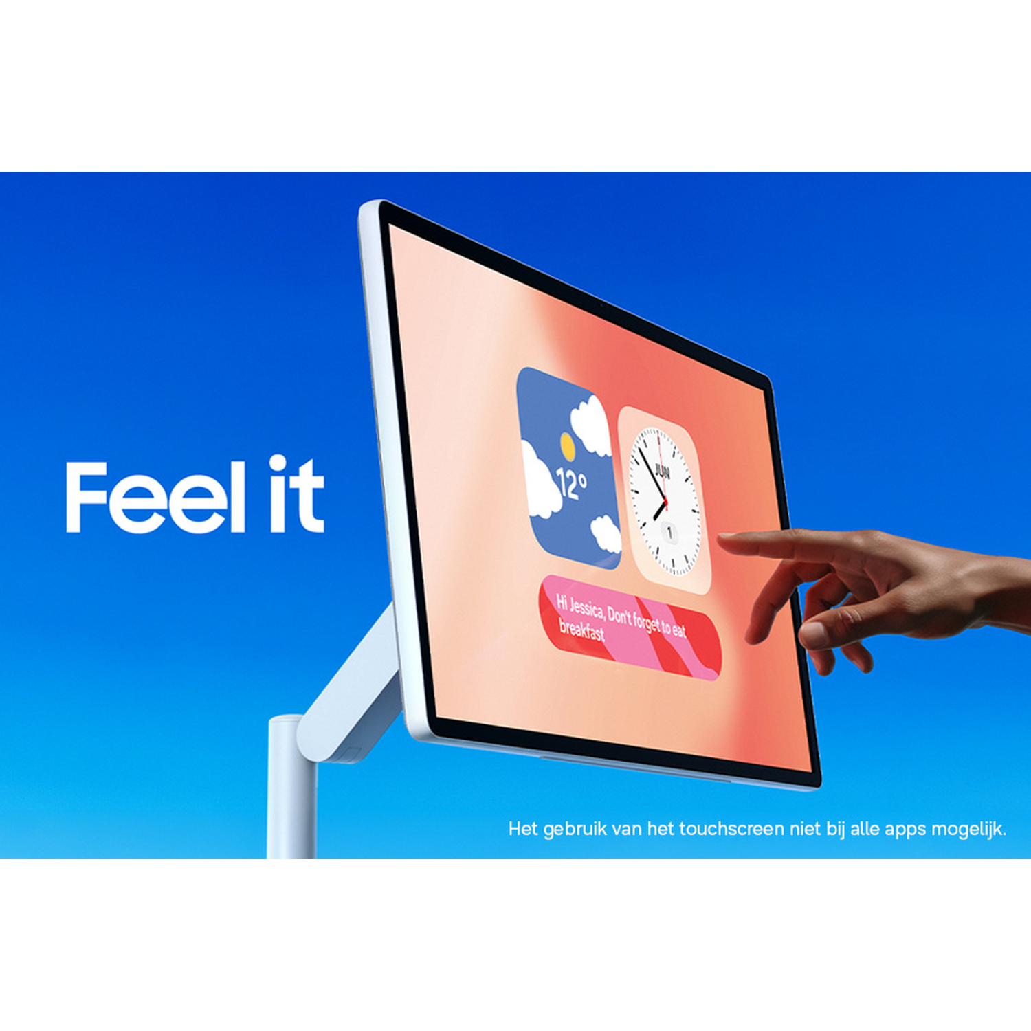 A finger taps a screen showing weather and clock widgets.