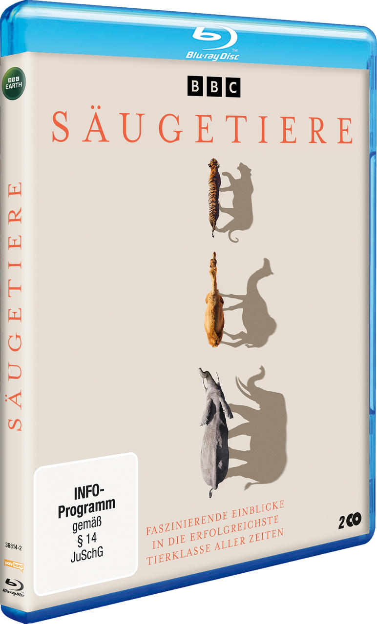 Blu-ray-Cover mit Tiger-, Giraffen- und Elefantenfiguren. Der Titel lautet "Säugetiere". BBC- und PBS Earth-Logos sind sichtbar.