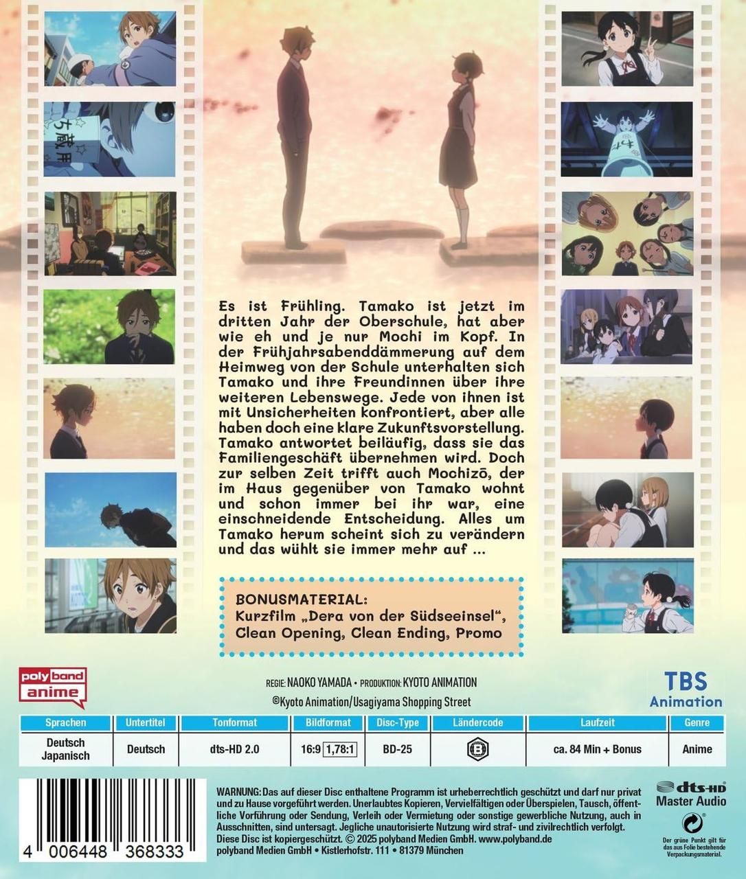 Anime-DVD-Cover mit Illustrationen, darunter zwei Personen, die sich gegenübersitzen, und Text auf Deutsch.
