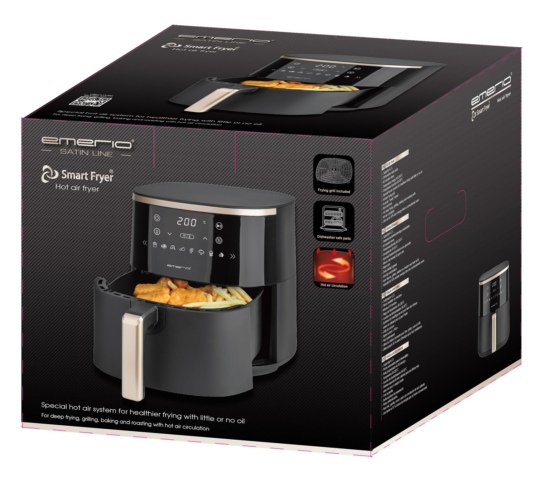 Schwarze Heißluftfritteuse auf einer Box. Zeigt Friteuse mit Essen, Bedienelementen und Funktionen.