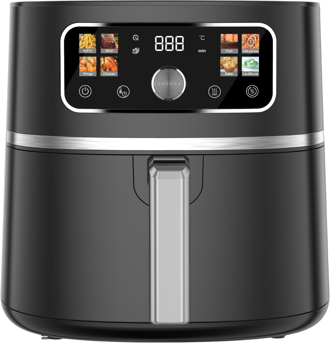 Ein schwarzer Airfryer mit digitaler Anzeige, die Optionen wie Pommes, Fisch und Hähnchen zeigt. Er hat einen silbernen Griff und Akzente.