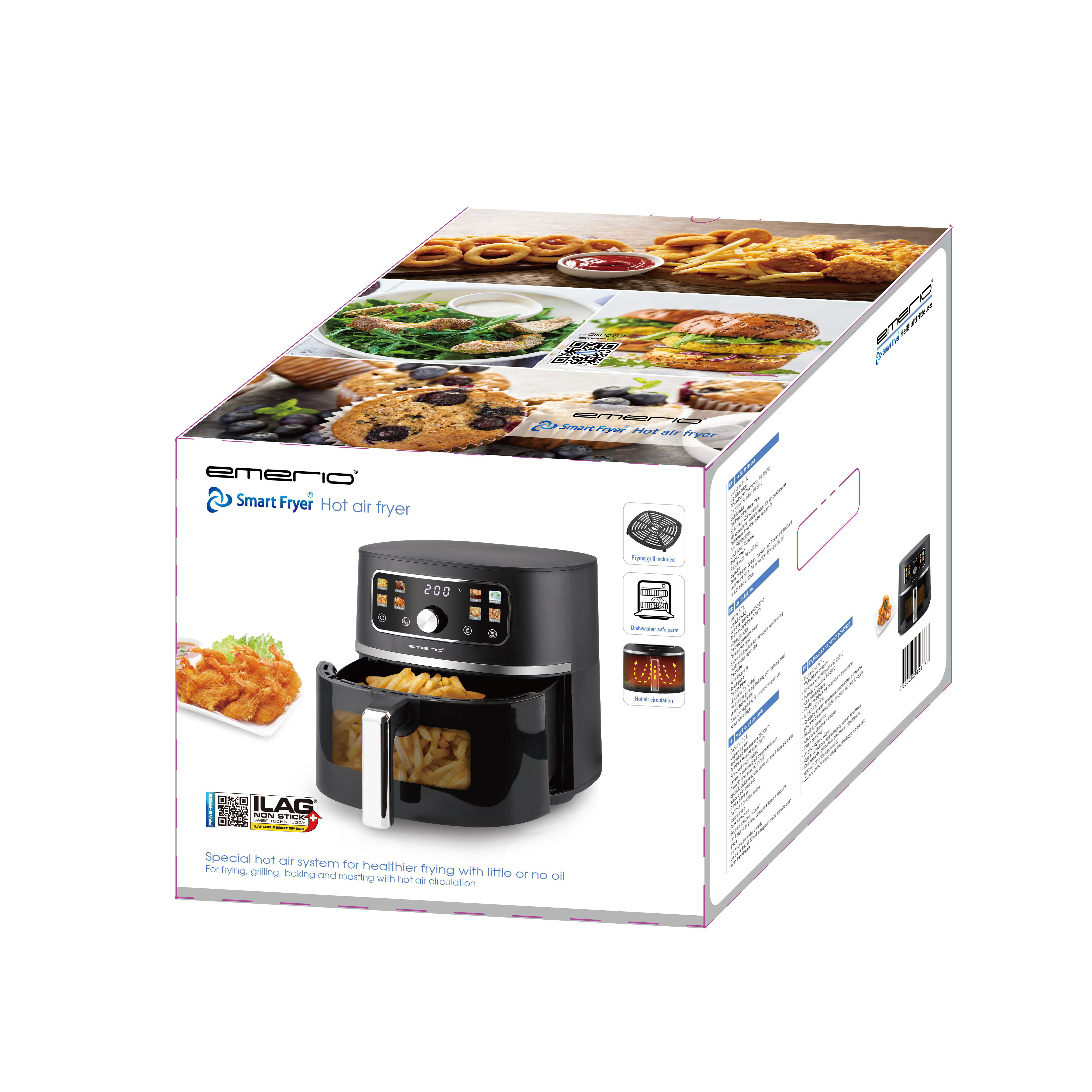 Schwarzer Fritteusen-Karton mit Essensbildern. Der Karton hat Markenname und Produktdetails.