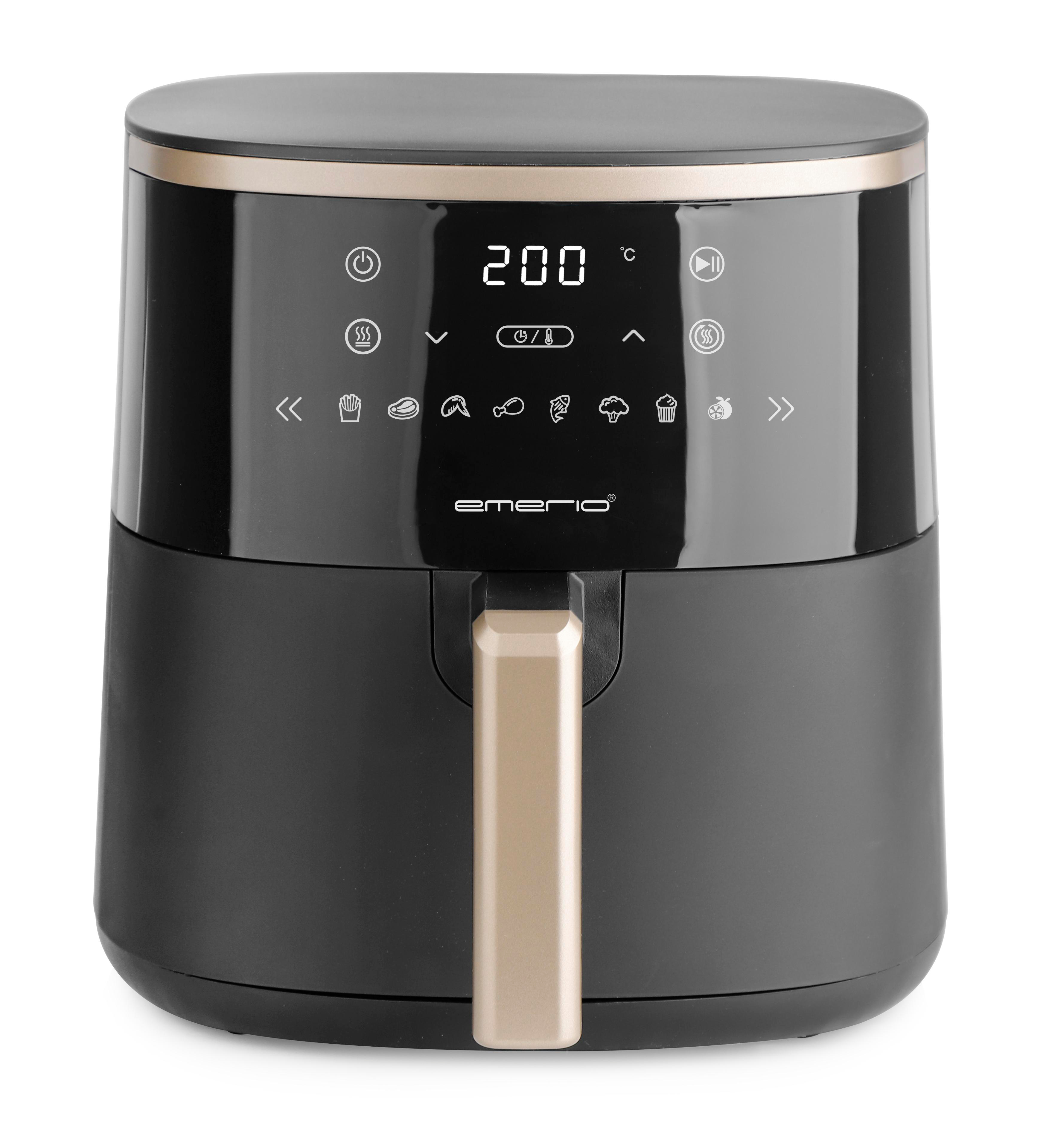 Schwarze Heißluftfritteuse mit goldenen Akzenten. Sie hat ein digitales Display mit 200 Grad Celsius. Ein goldener Griff ist sichtbar.