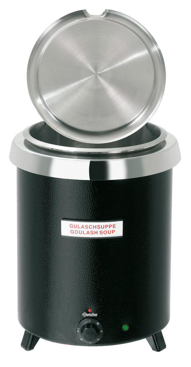 Ein schwarzer Gulaschsuppe-Wärmer mit Edelstahldeckel. Auf der Vorderseite steht 'Gulaschsuppe Goulash Soup'.
