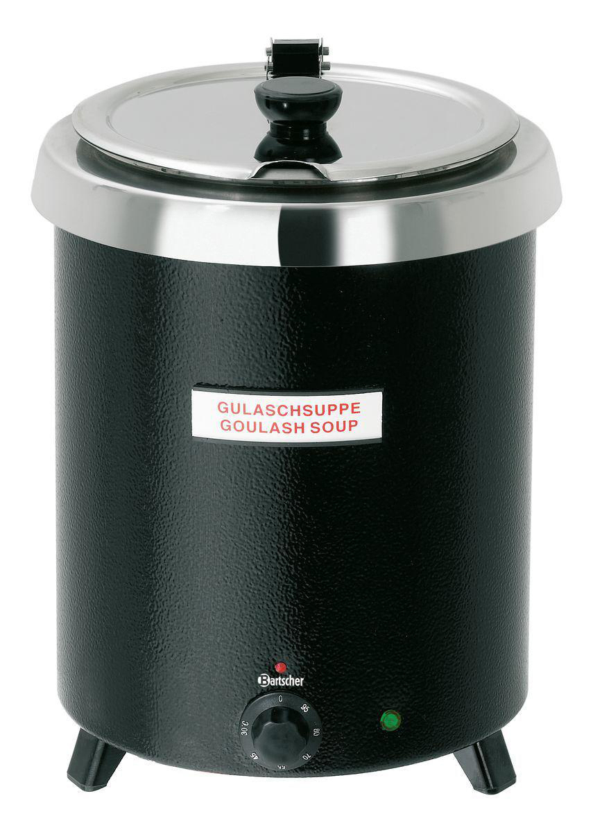 Ein schwarzer Gulaschsuppe-Wärmer mit silbernem Deckel und Zierleisten. Es hat ein Schild mit der Aufschrift 'Gulaschsuppe Goulash Soup'.