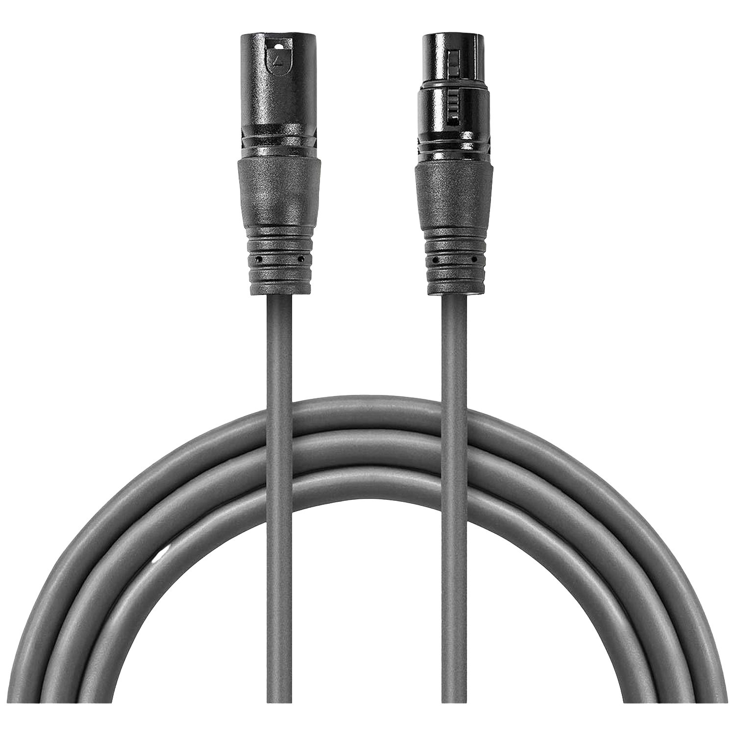 Twee zwarte XLR-connectoren verbonden door een grijze kabel, in een U-vorm tegen een witte achtergrond.