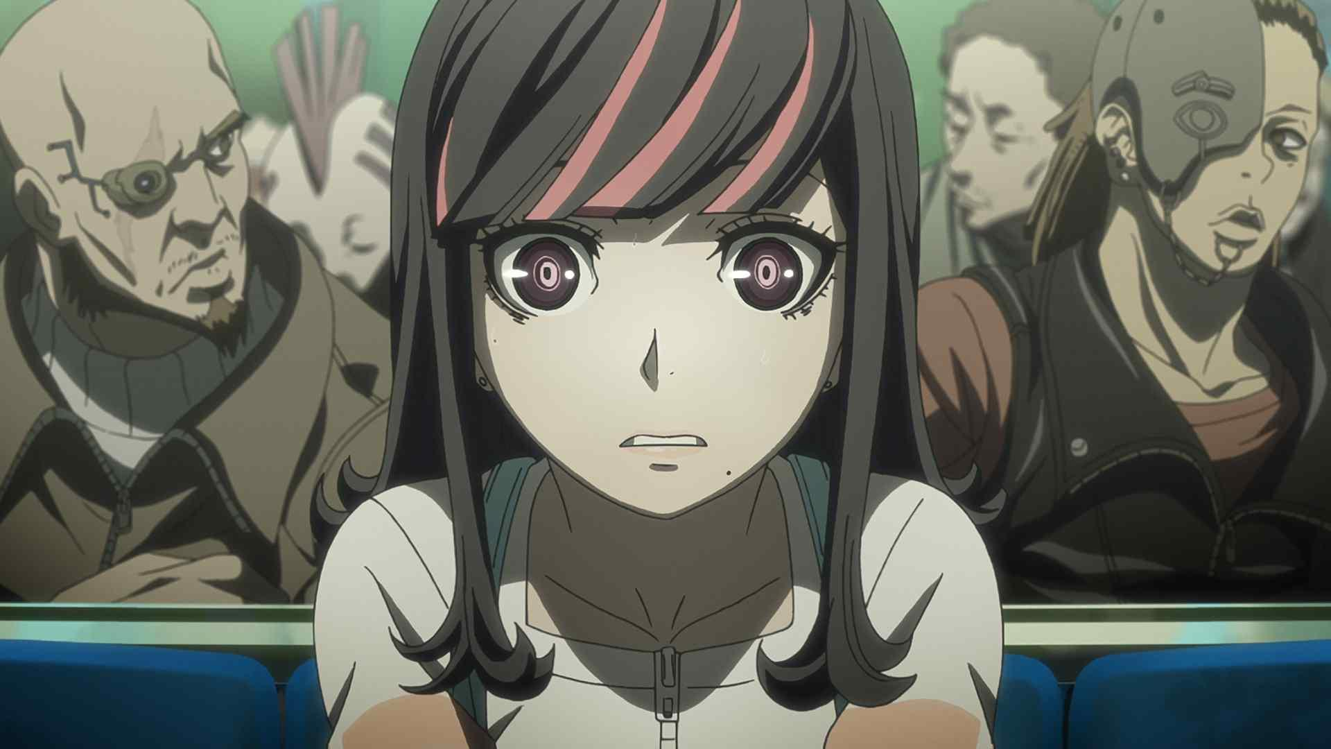 Anime-Mädchen mit rosa Strähnchen im Haar, das besorgt aussieht. Im Hintergrund sind zwei Männer. Einer mit rasiertem Kopf und Augenklappe.