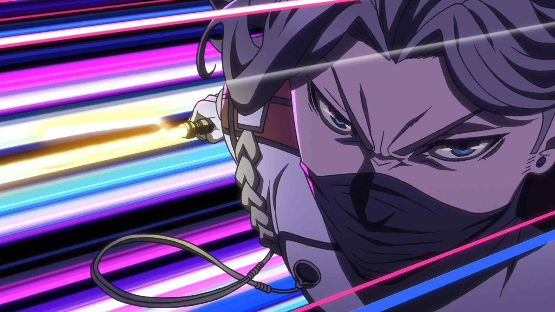 Anime-Figur mit Maske hält leuchtende Waffe. Hintergrund mit bunten Geschwindigkeitslinien. Intensiver Gesichtsausdruck.