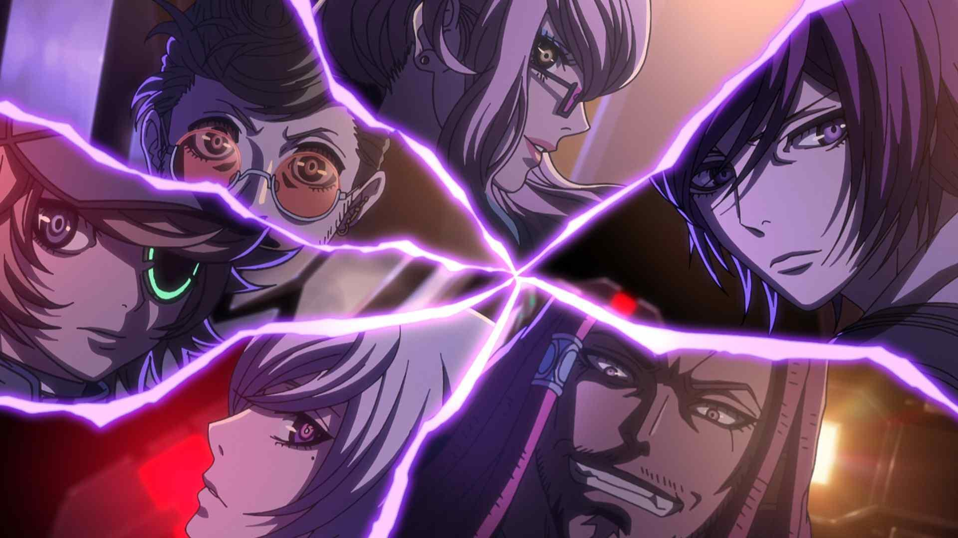 Anime-Bild mit fünf Charakteren, umgeben von leuchtenden violetten Linien. Sie haben unterschiedliche Frisuren und Ausdrücke.