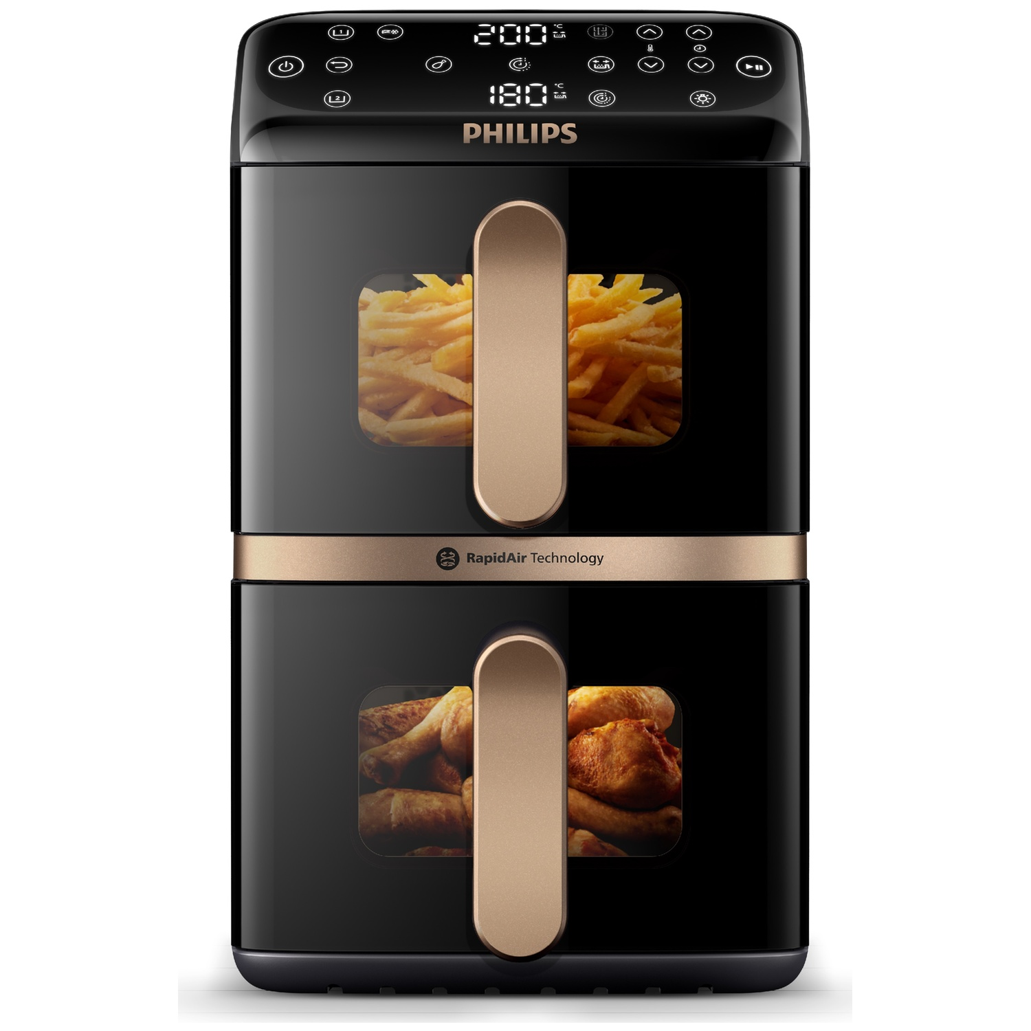 Zwarte Philips airfryer met twee compartimenten. Boven patat, onder kip. Digitaal display bovenaan.