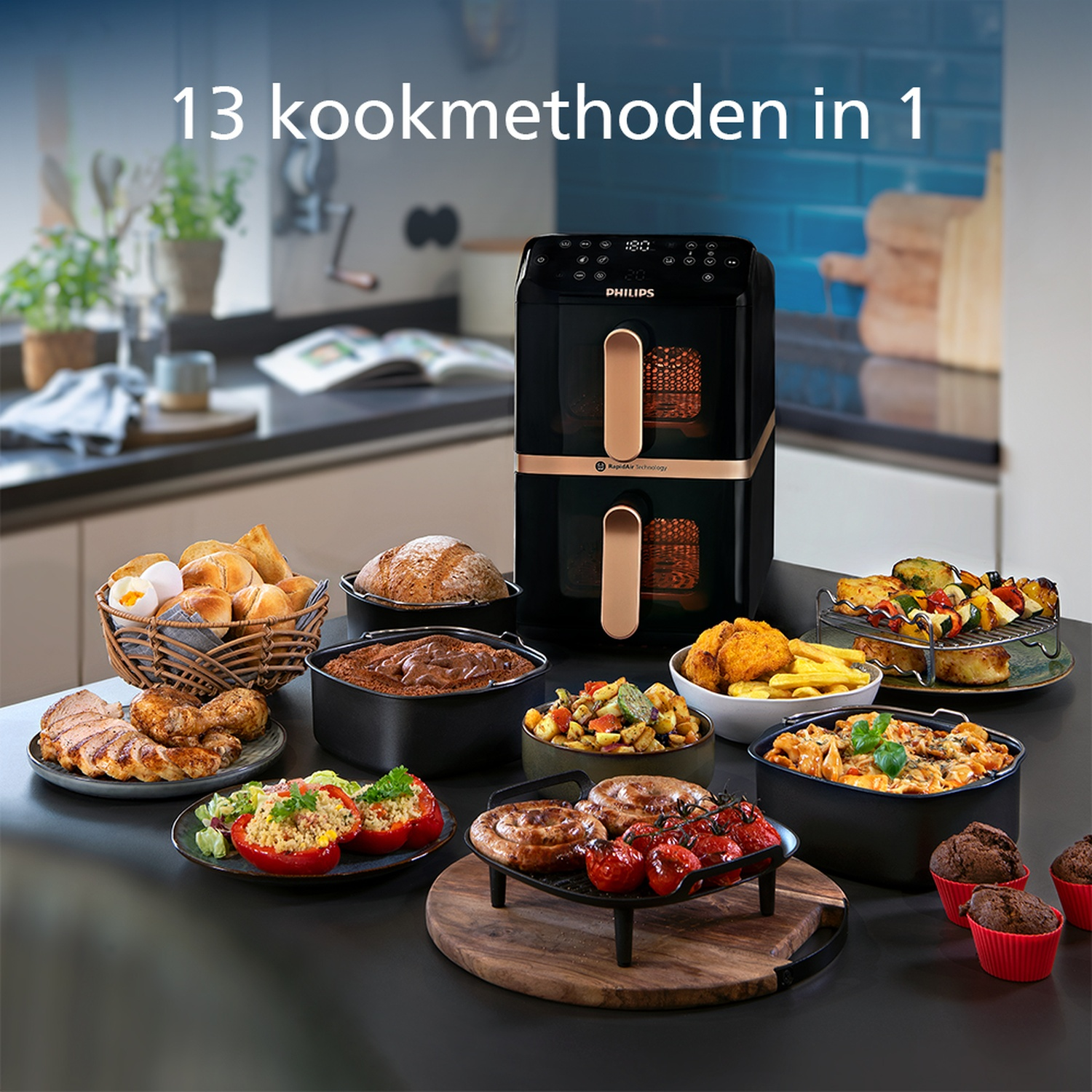 Een airfryer met diverse gerechten. Inclusief brood, muffins, gegrilde groenten en vlees, met de tekst '13 kookmethoden in 1'.