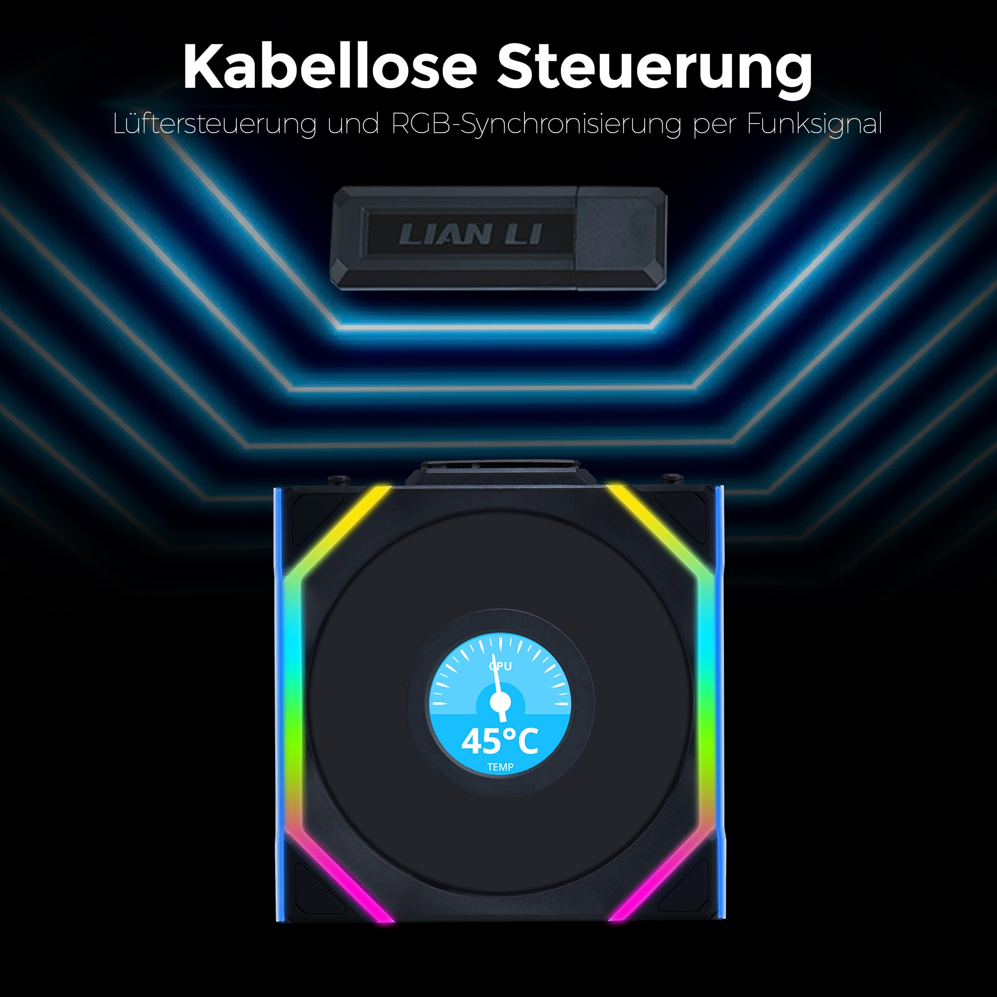 Das Bild zeigt einen schwarzen Lüfter mit Temperaturanzeige, ein USB-Gerät und blaue Neonlinien auf schwarzem Hintergrund.