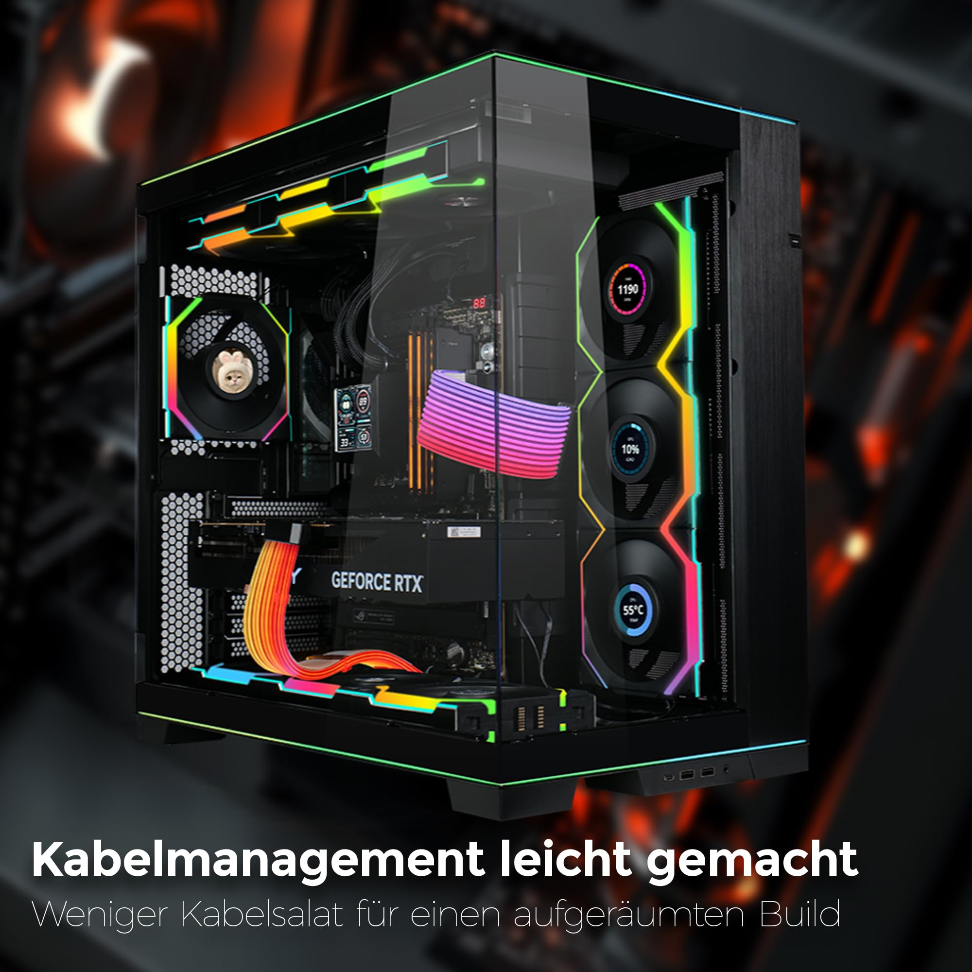 Ein PC-Gehäuse mit bunten Lichtern. Es hat eine Glasscheibe, die die Komponenten im Inneren zeigt. Der Text unten lautet 'Kabelmanagement leicht gemacht'.
