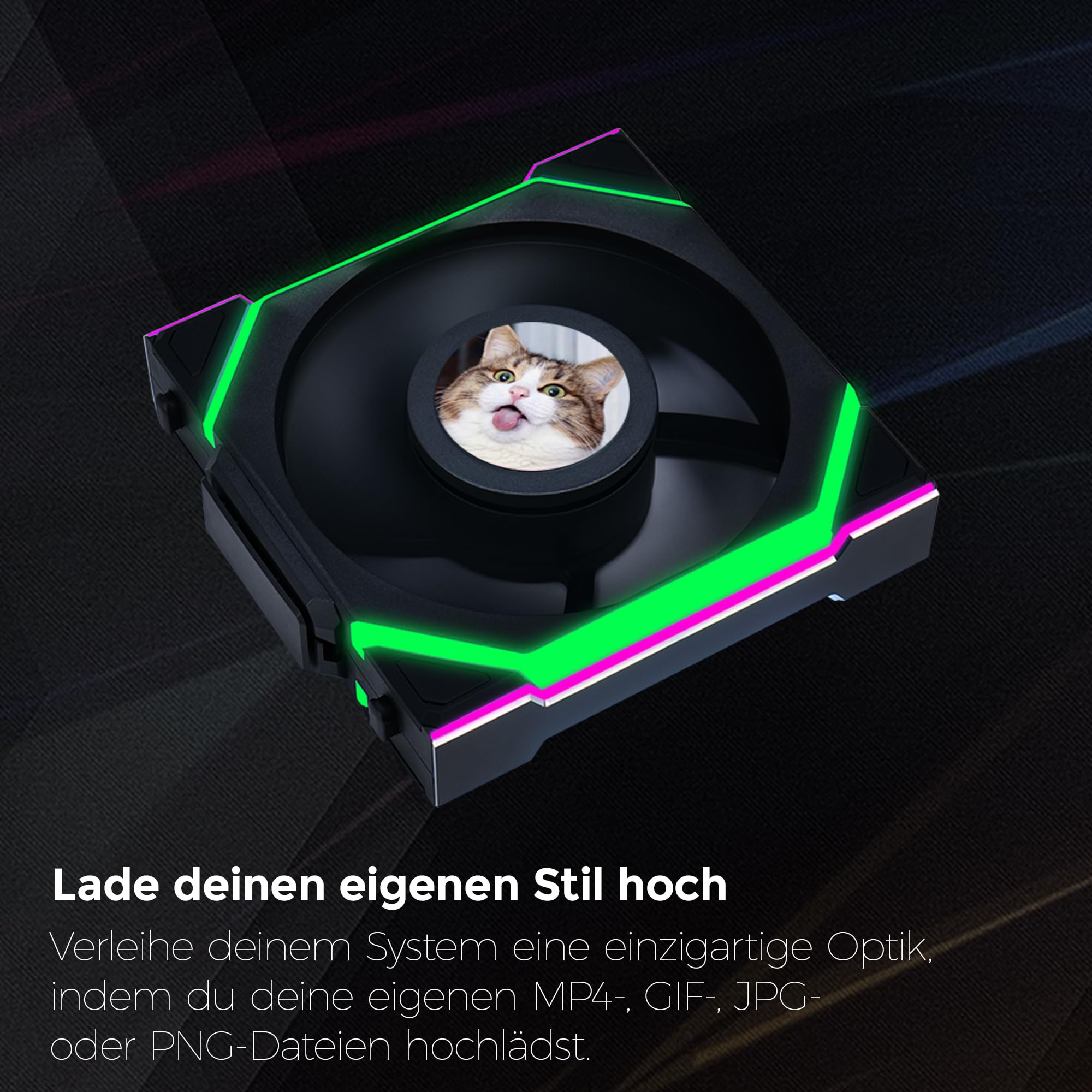 Ein Computerlüfter mit einem Katzenbild in der Mitte, neon-grünen und rosa Lichtern an den Rändern und dunklem Hintergrund.