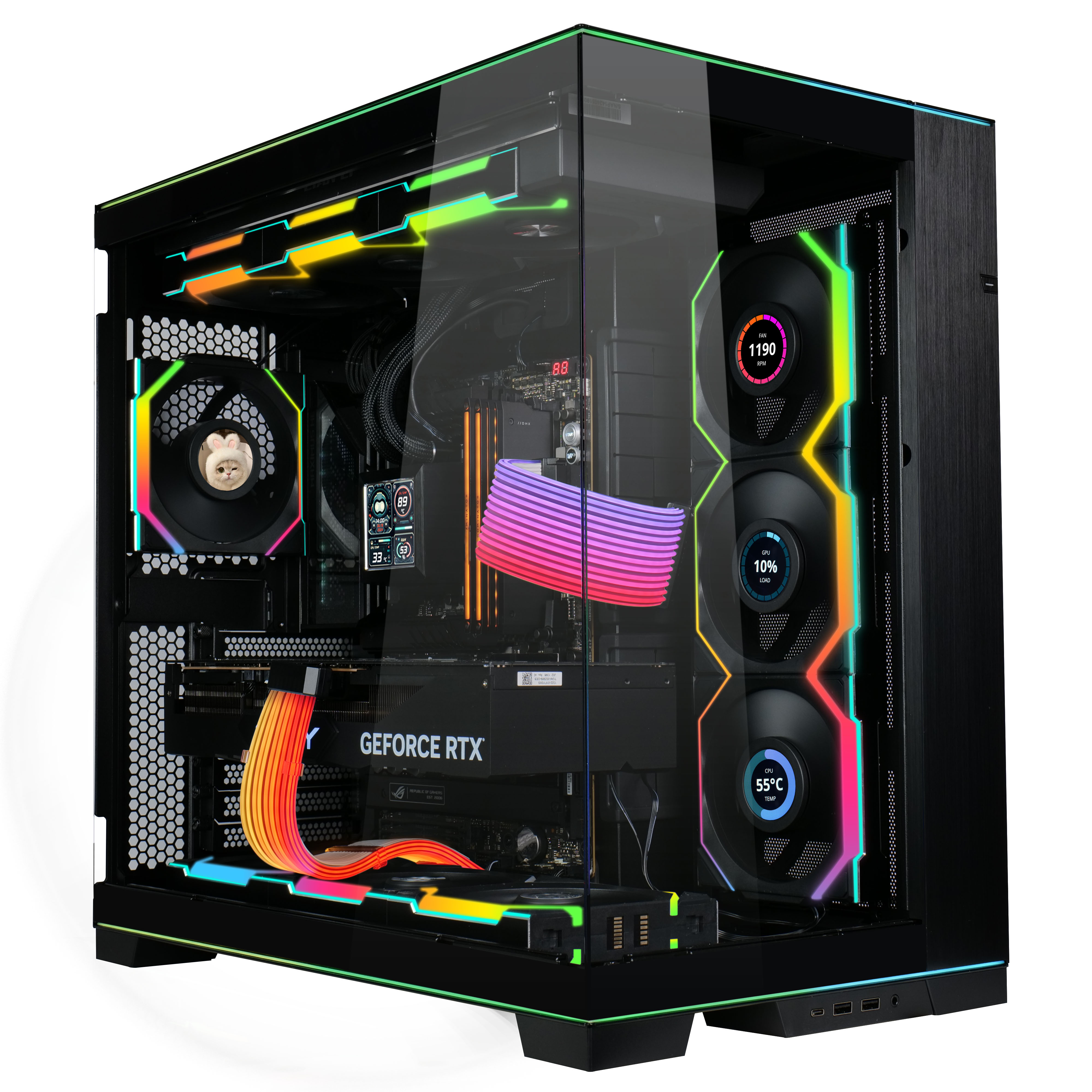 Ein schwarzes Computergehäuse mit RGB-Beleuchtung und internen Komponenten wie GPU, Lüftern und einer Katze.