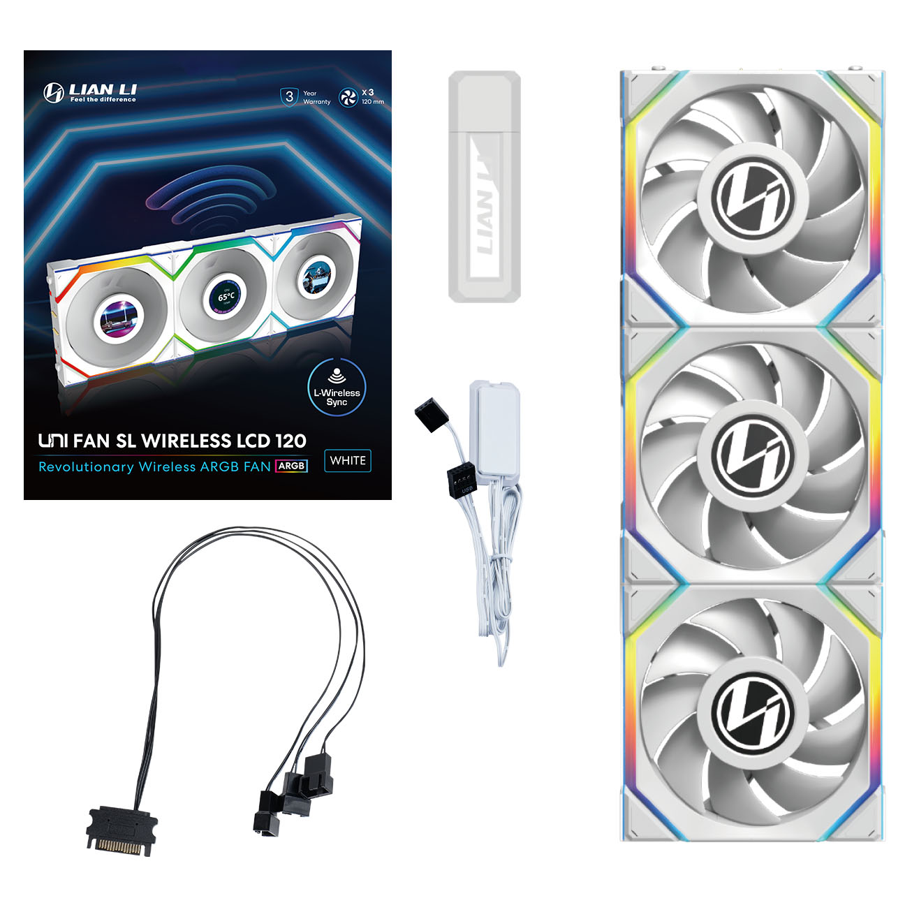 Das Bild zeigt PC-Komponenten: Lüfter, Controller, Kabel und einen USB-Dongle. Die Lüfter haben LED-Lichter und ein weißes und silbernes Design.