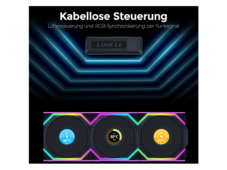 Thumbnail - LIAN LI UNI FAN SL Wireless LCD Lüfter, ARGB, PWM, 3er-Pack inkl. Controller - Reverse Blade 120 mm Set