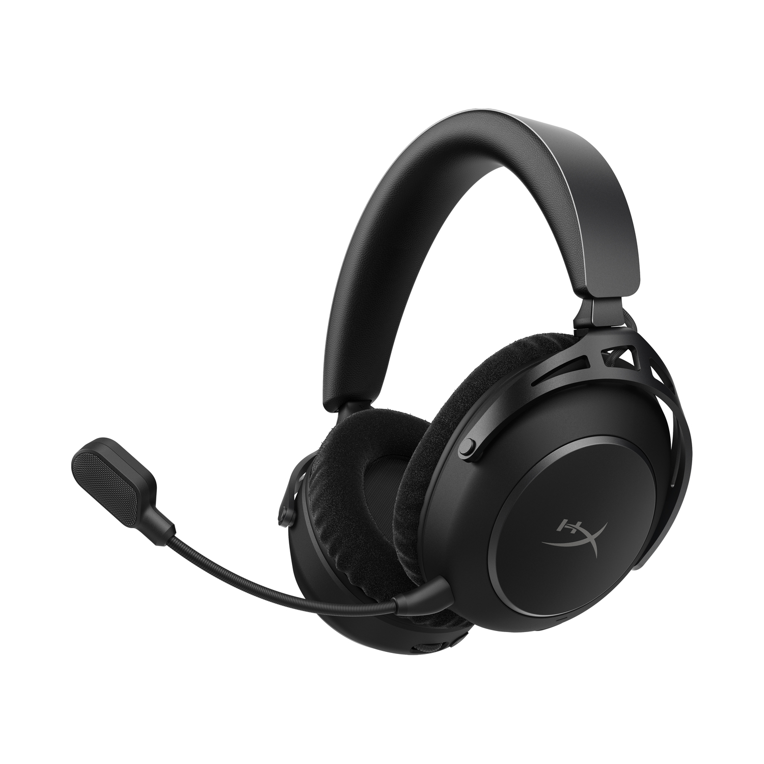 Auriculares gaming negros con micrófono. Tiene diadema y orejeras acolchadas. El logo HyperX está en la orejera.