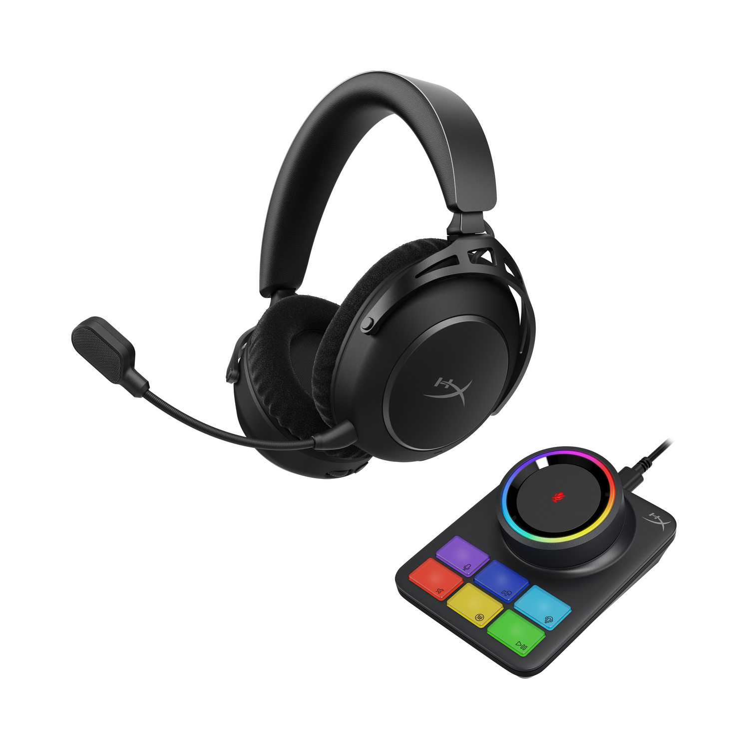 Auriculares gaming negros con micrófono y panel de control con botones de colores y un dial.