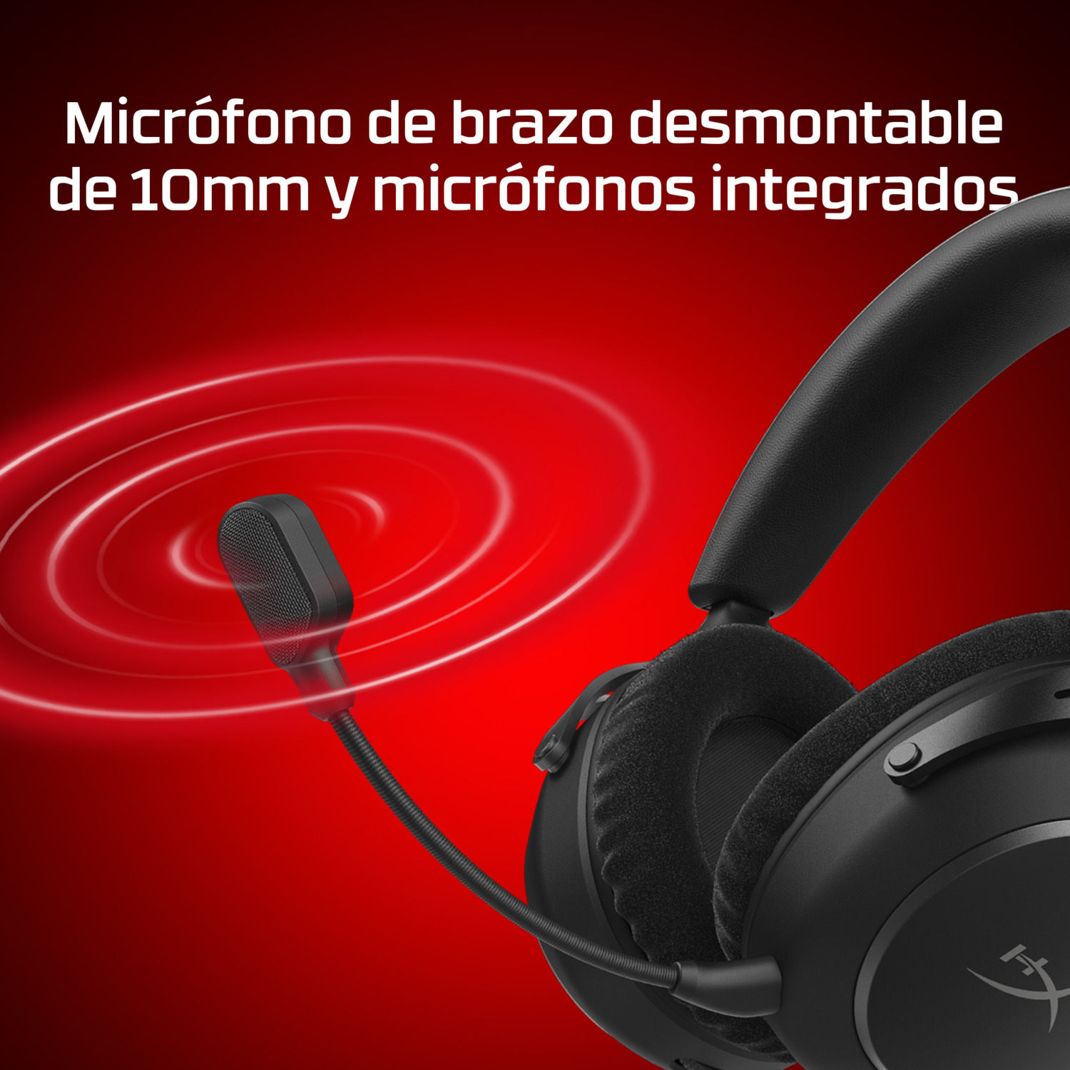 Auriculares para juegos negros con micrófono desmontable. Fondo rojo con líneas circulares blancas. Los auriculares están inclinados hacia la derecha.