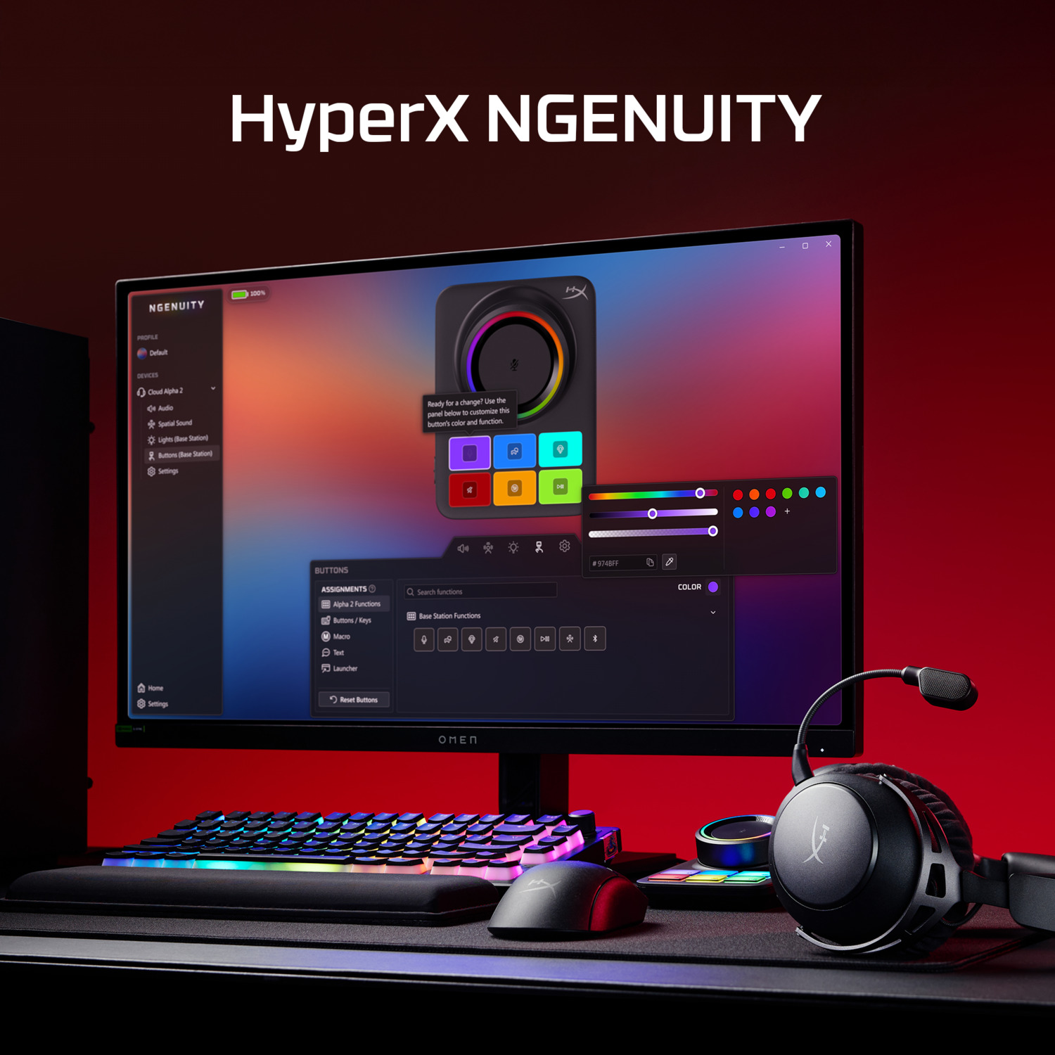 Una configuración de computadora con un monitor que muestra software, un teclado, un mouse, auriculares y una interfaz colorida. El fondo es rojo.