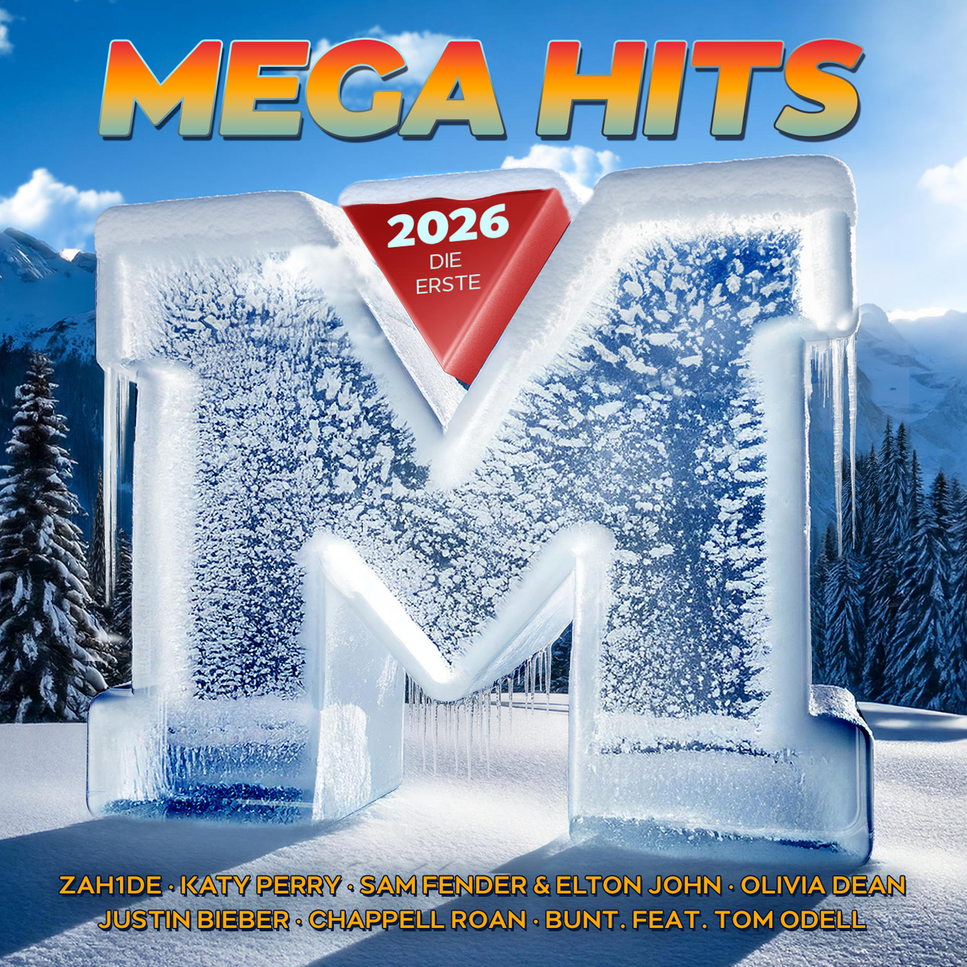 Albumcover: großes Eis-'M', Titel 'Mega Hits', '2026', Künstlernamen und schneebedeckte Berge im Hintergrund.