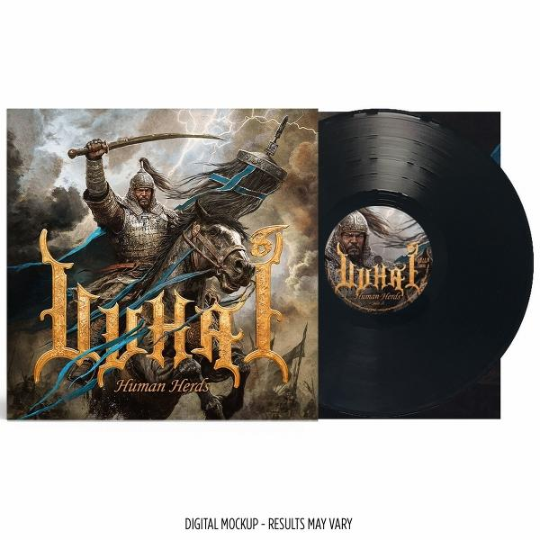Albumcover: Krieger auf Pferd, Schwert erhoben, Blitz, Bandname 'LOKHA', 'Human Herds'. Vinyl-Schallplatte rechts.