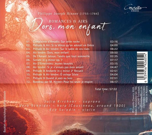 CD-Cover. Titel: Dors, mon enfant. Enthält Text, Logo und Titelliste mit Spieldauer. Sopran, Harfe und Violine.