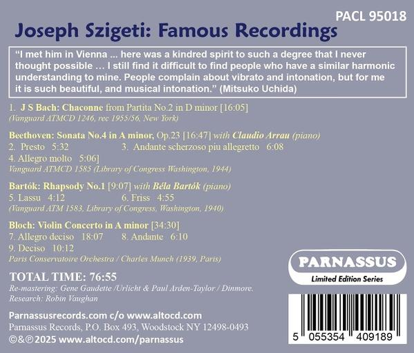 CD-Hülle. Titel: Joseph Szigeti: Famous Recordings. Zitate, Titelliste und Parnassus-Logo.
